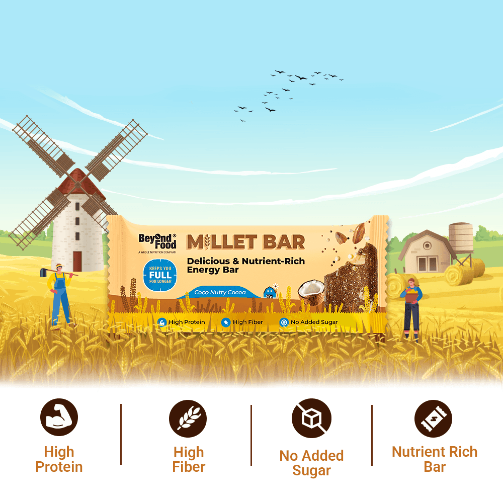 “Beyond Food Millet Bar – clean nutrition snack, trusted by thousands, sourced from farmers, made with sustainable practices.”
