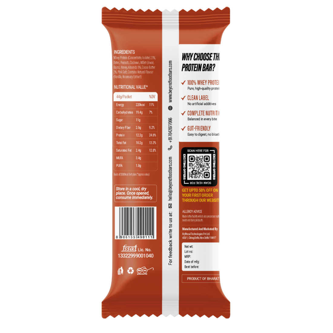 “Real ingredients of Beyond Food Protein Bar displayed around the wrapper, including almonds, cashews, black raisins, peanuts, dates, honey, and whey protein.”