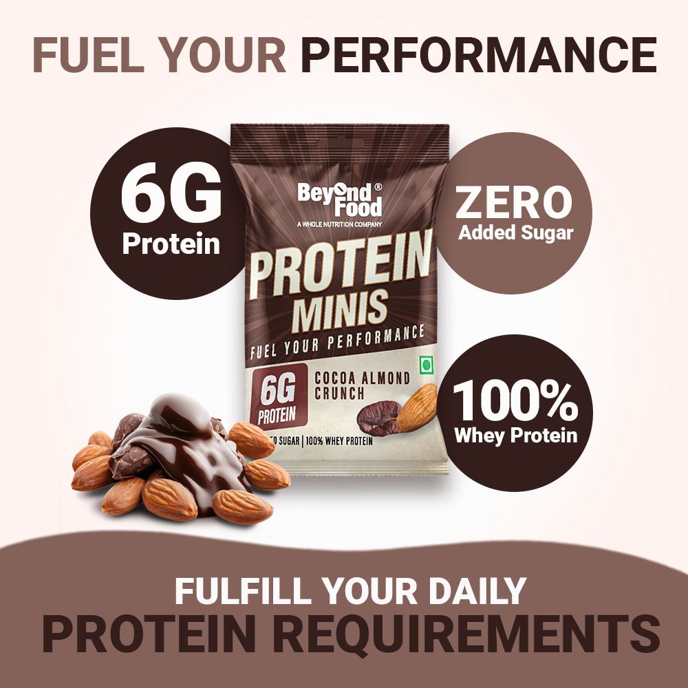 Beyond Food Protein Minis Cocoa Almond Crunch pack with almonds and chocolate drizzle, highlighting 6g protein, zero added sugar, and 100% whey protein.”