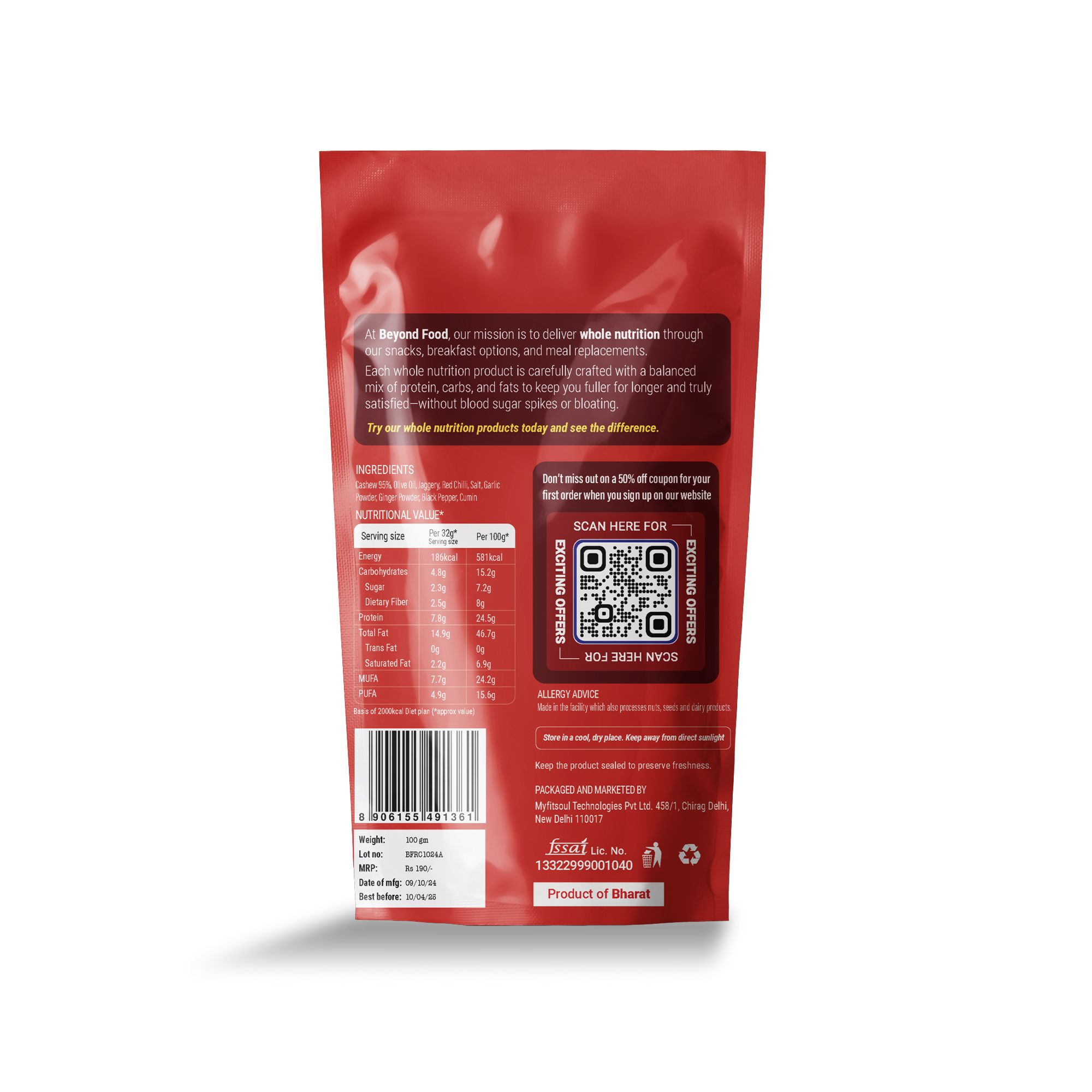 Back of Beyond Food Peri Peri Roasted Cashews pack showing ingredients, nutrition facts, and QR code
