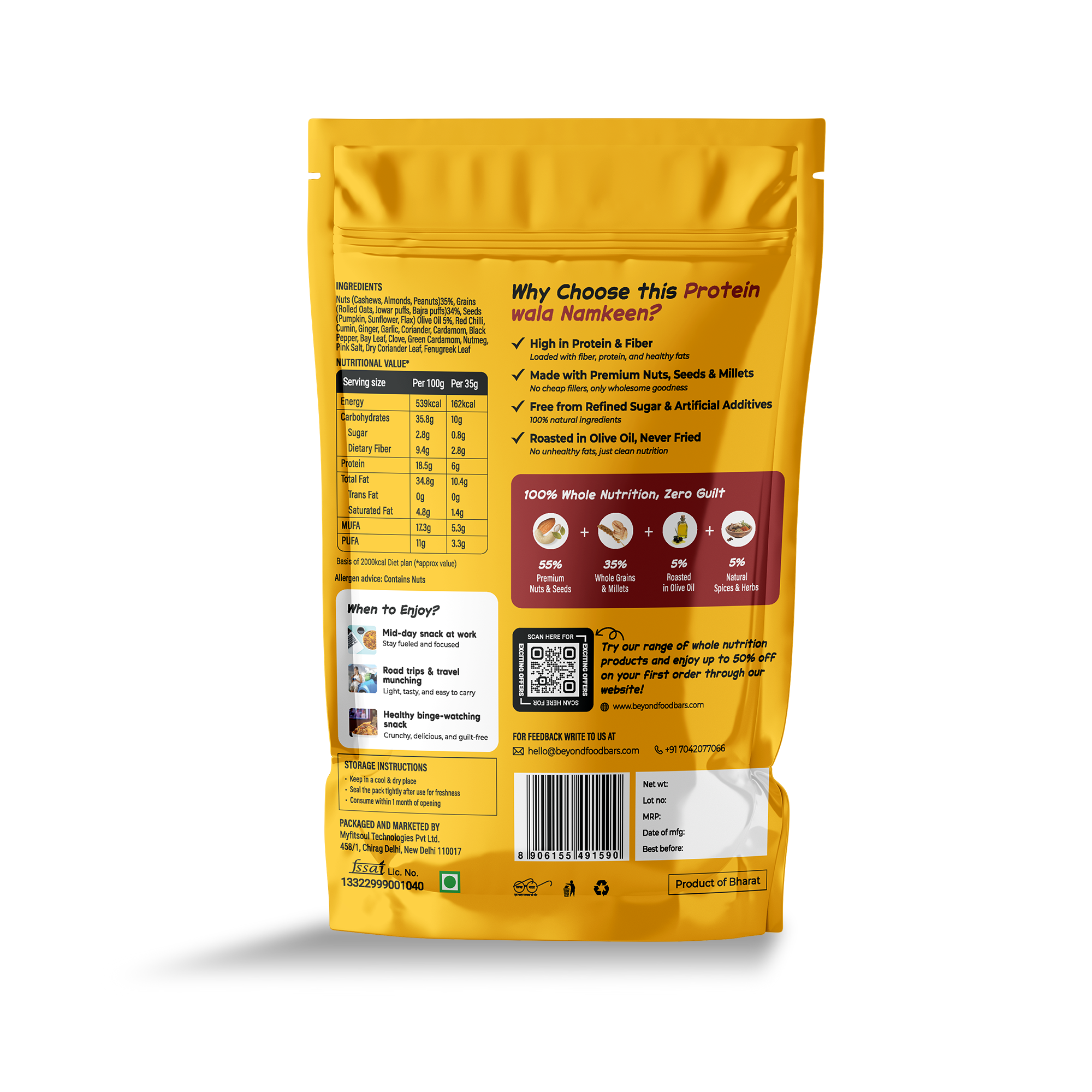 Back packaging of Beyond Food Protein Wala Namkeen with nutritional details, brand logo, and QR code.
