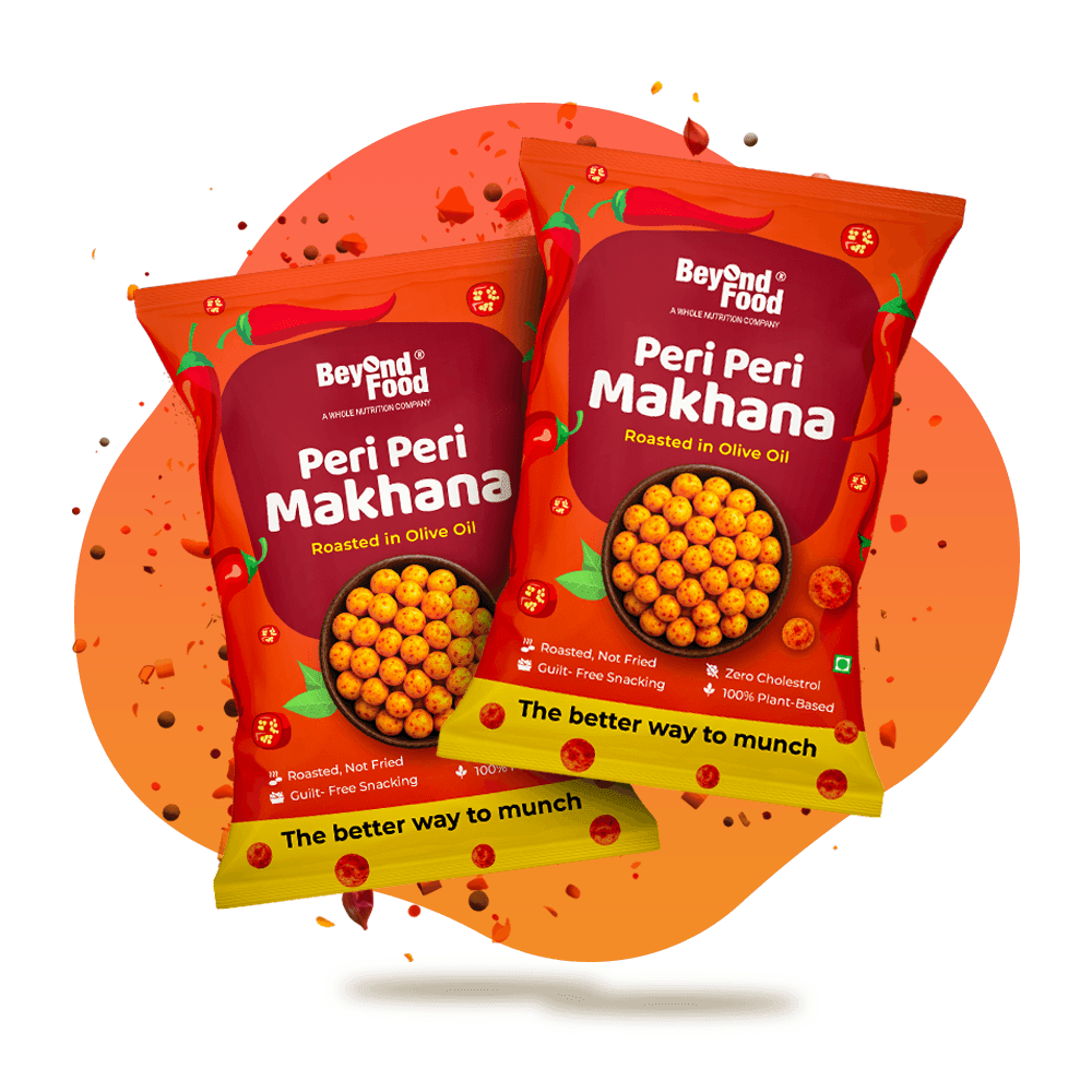 Two packs of Beyond Food Peri Peri Makhana placed against a vibrant splash of orange and red, highlighting the bold flavors and tagline “The better way to munch” on both packs.