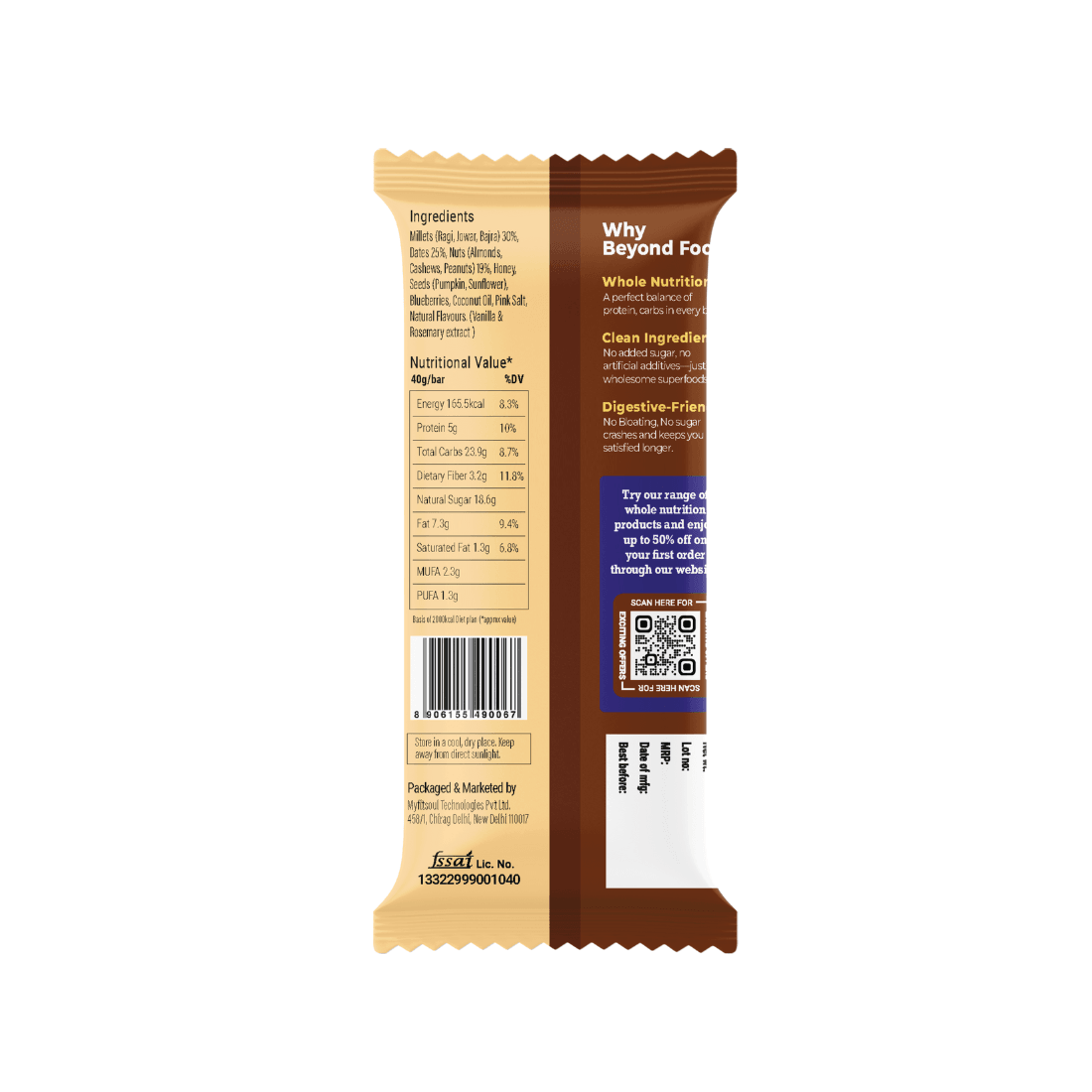 “Back view of Beyond Food Millet Bar wrapper showing ingredients, nutritional value chart, barcode, and QR code, with a description of the brand’s clean nutrition promise.”