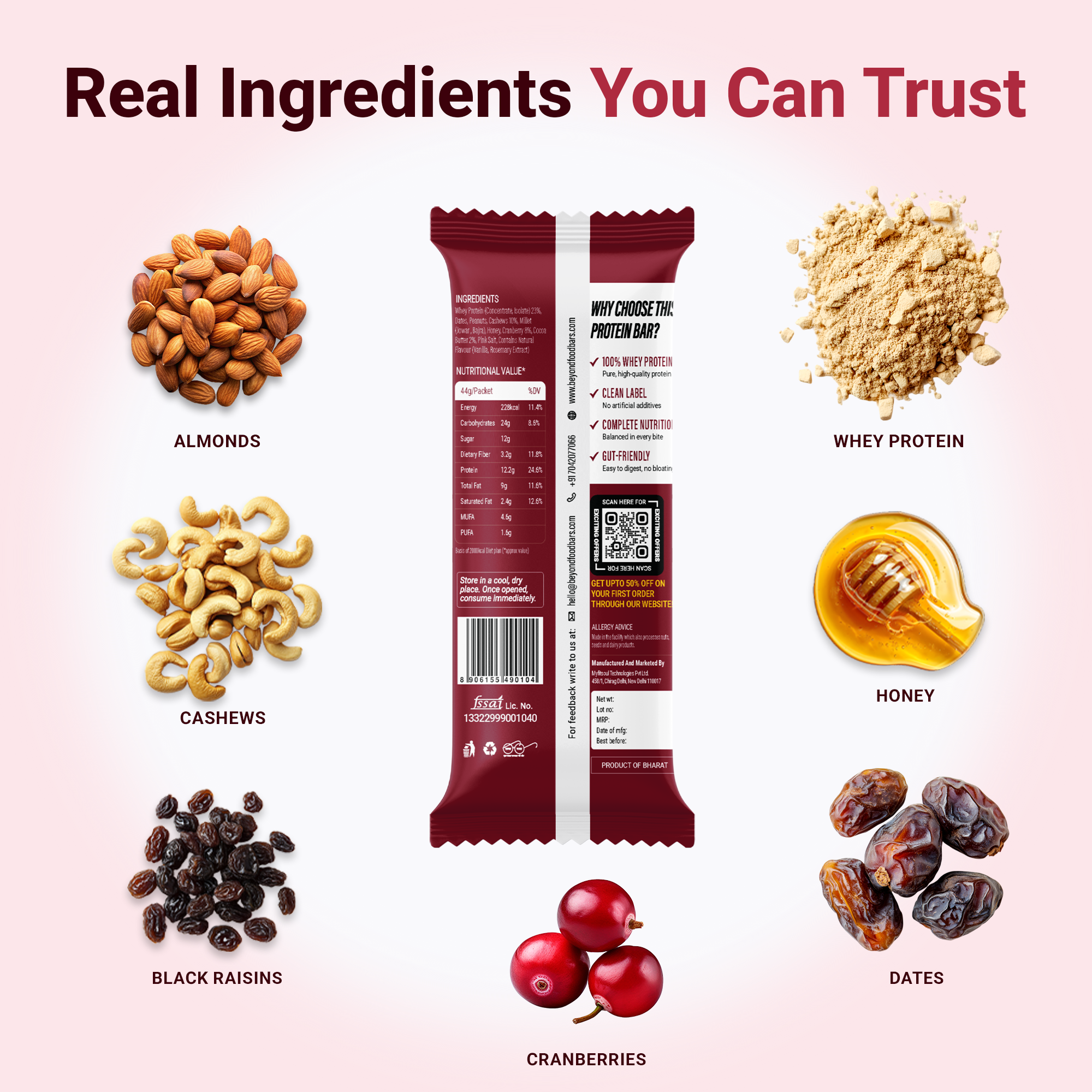 “Protein bar with real ingredients including almonds, cashews, black raisins, cranberries, whey protein, honey, and dates. Centered bar image with ingredient names and pictures around it. Text reads: ‘Real Ingredients You Can Trust’.”