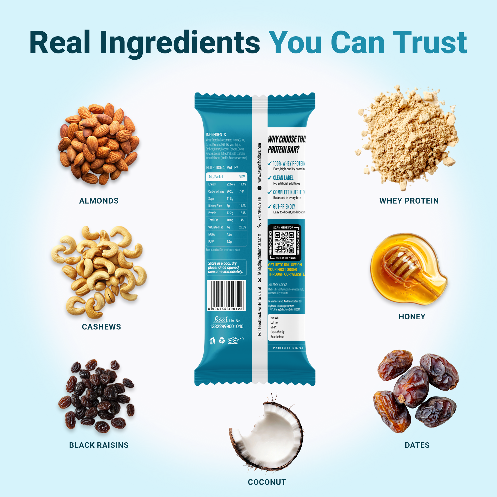 “Beyond Food Protein Bar back view with real ingredients – almonds, whey protein, cashews, honey, black raisins, coconut, and dates.”
