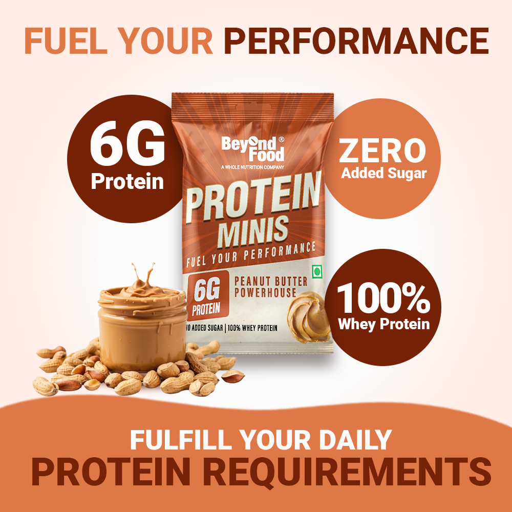 “Beyond Food Protein Minis – peanut butter flavor with 6g protein, zero added sugar, 100% whey protein, fulfilling daily protein requirements for energy and muscle recovery.”