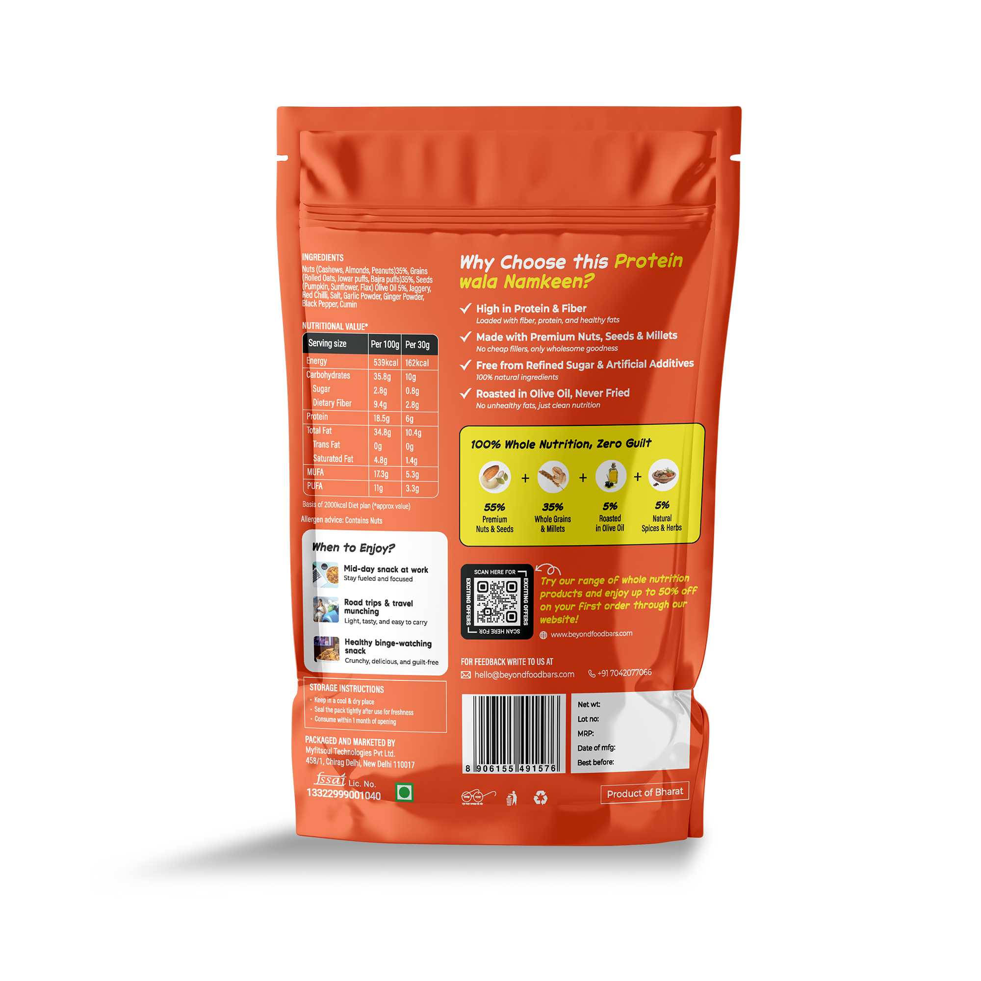  “Back of Beyond Food Protein Wala Namkeen pack showing nutrition facts, ingredients, and QR code.”