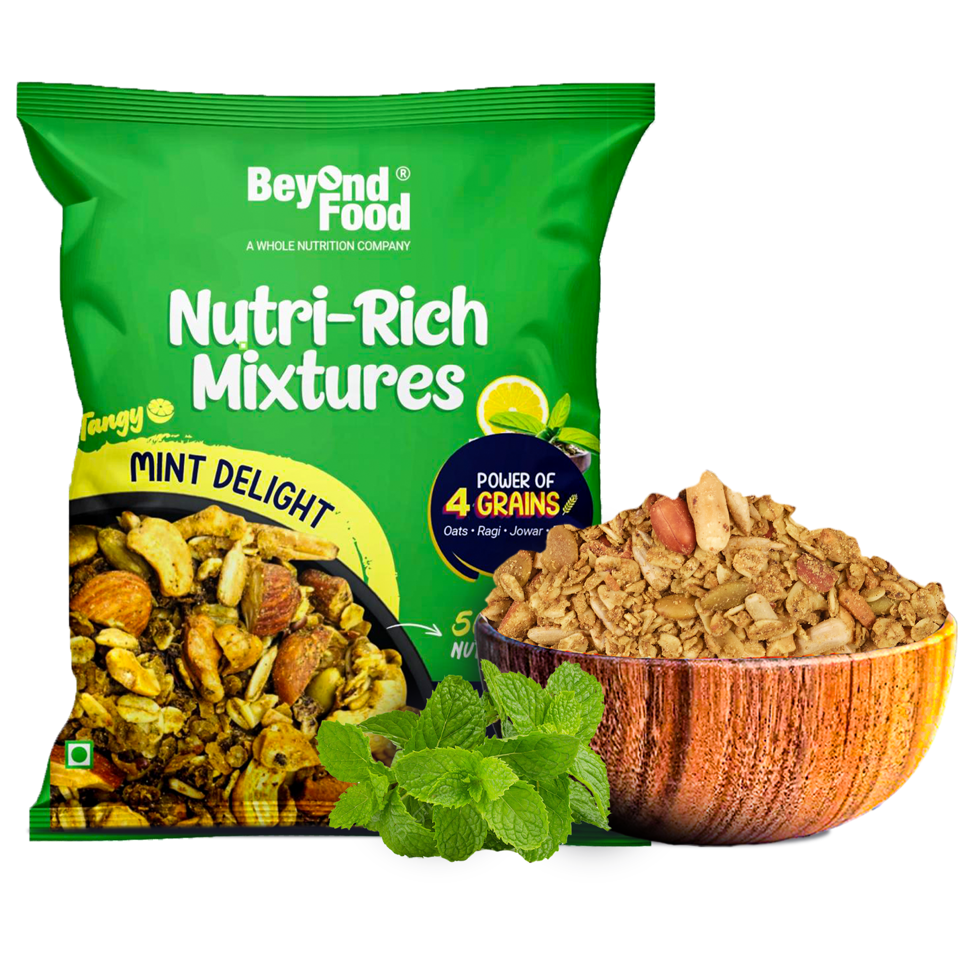 “Beyond Food Nutri-Rich Mixtures Tangy Mint Delight pack with fresh mint and ingredients shown beside the packet, a healthy roasted snack with 6g protein.”