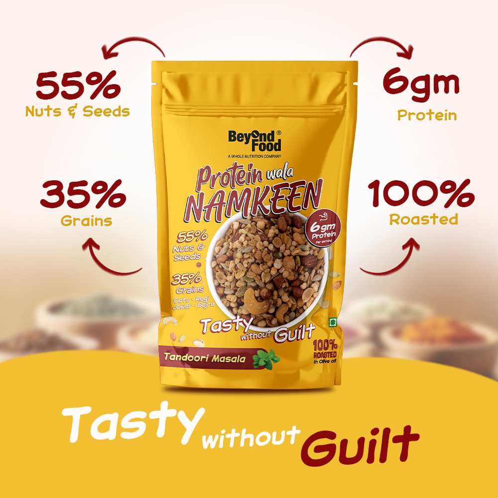 Beyond Food Protein Wala Namkeen – 55% nuts & seeds, 35% grains, 6g protein per serving, 100% roasted healthy Indian snack.