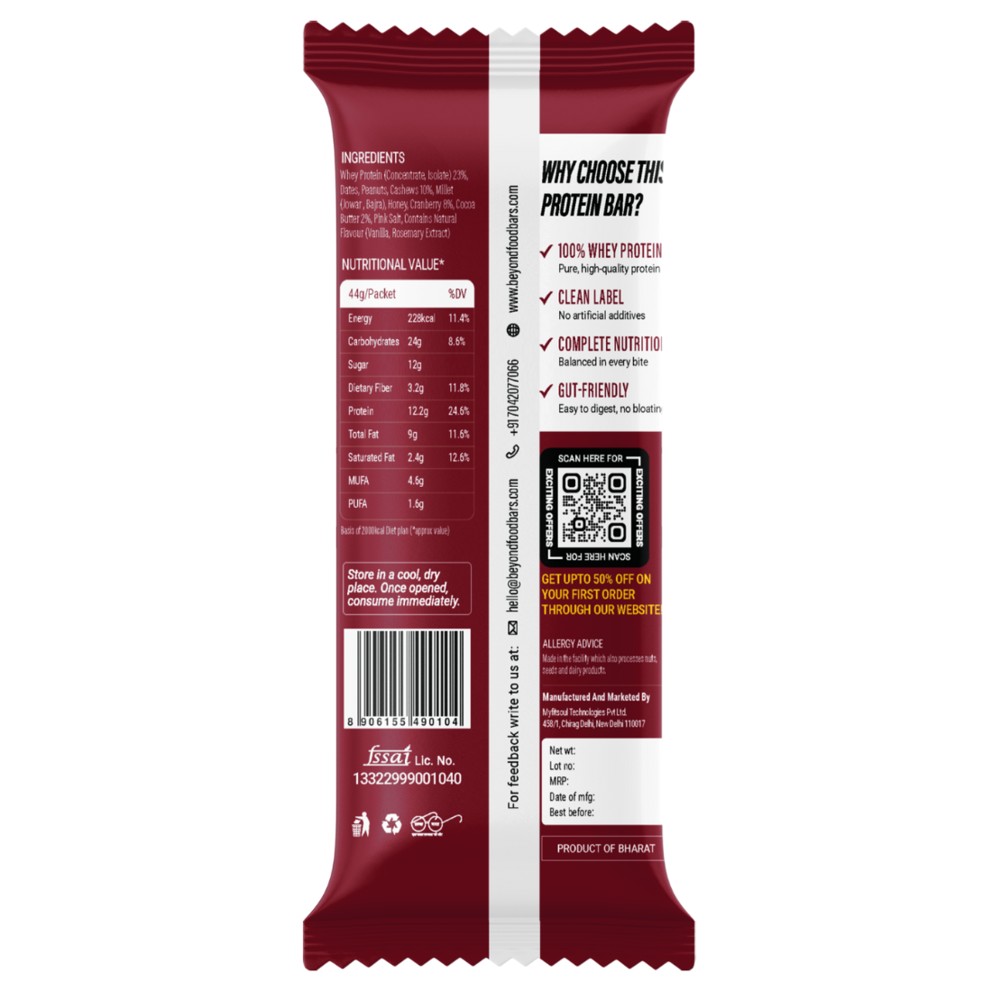  “Front and back view of a Beyond Food cranberry zest protein bar wrapper showing nutrition facts, ingredients, barcode, QR code, and product highlights such as 100% whey protein, clean label, gluten-free, complete nutrition.”
