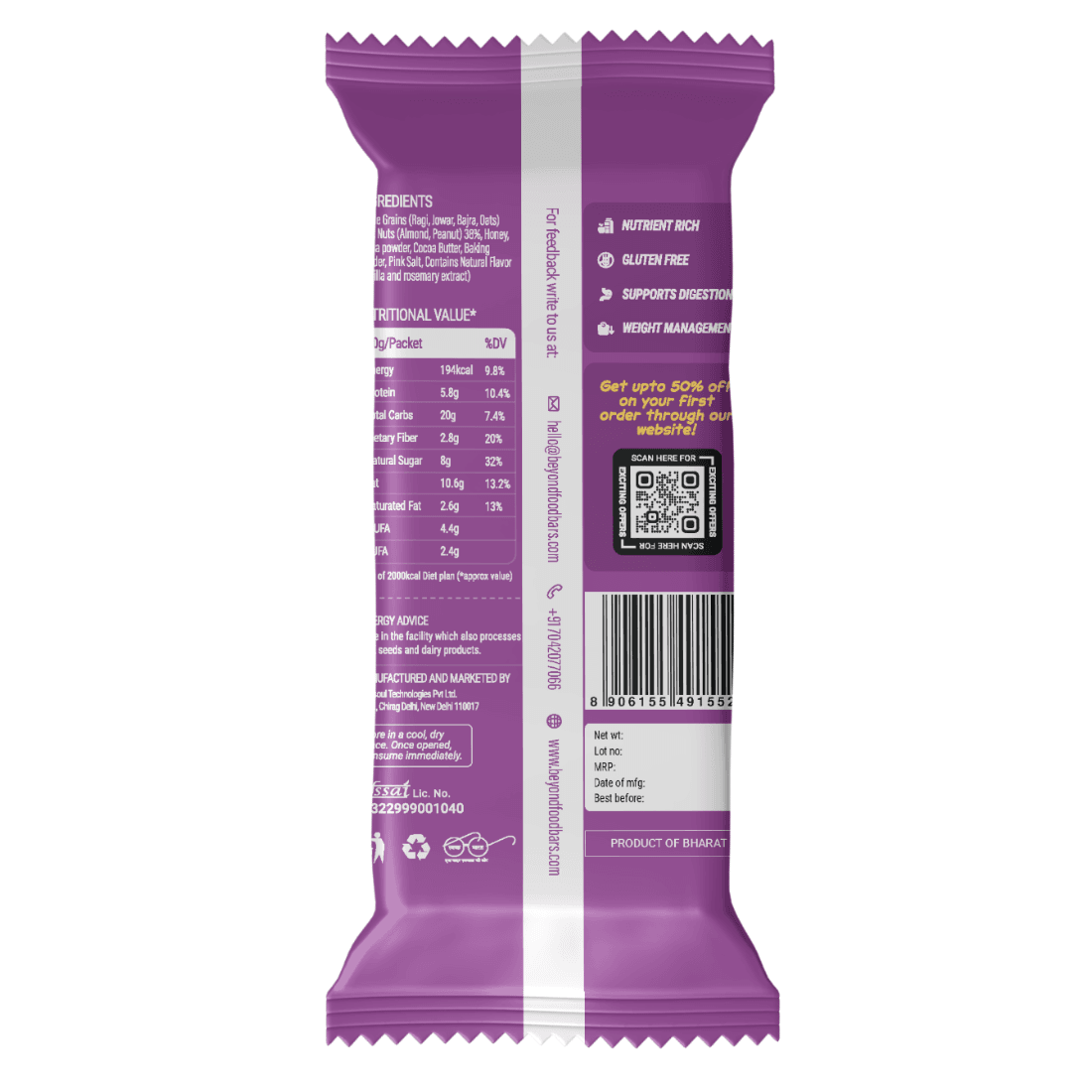 “Back view of Beyond Food Millet Cookies purple packaging showing nutritional values, barcode, and QR code.”