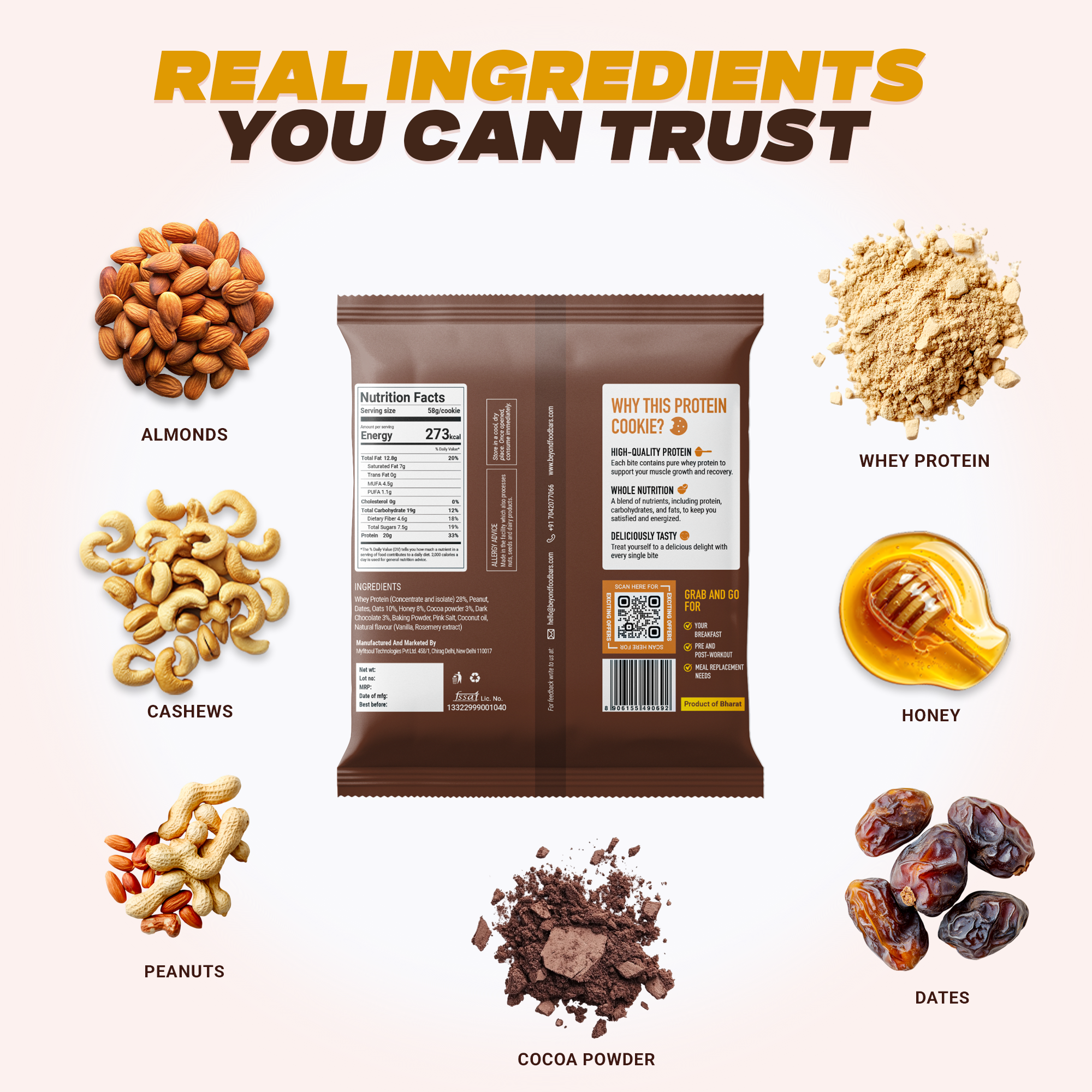 “Beyond Food protein cookie ingredients – almonds, cashews, peanuts, whey protein, honey, cocoa powder, dates. Back of pack with nutrition facts, gluten-free and zero added sugar.”