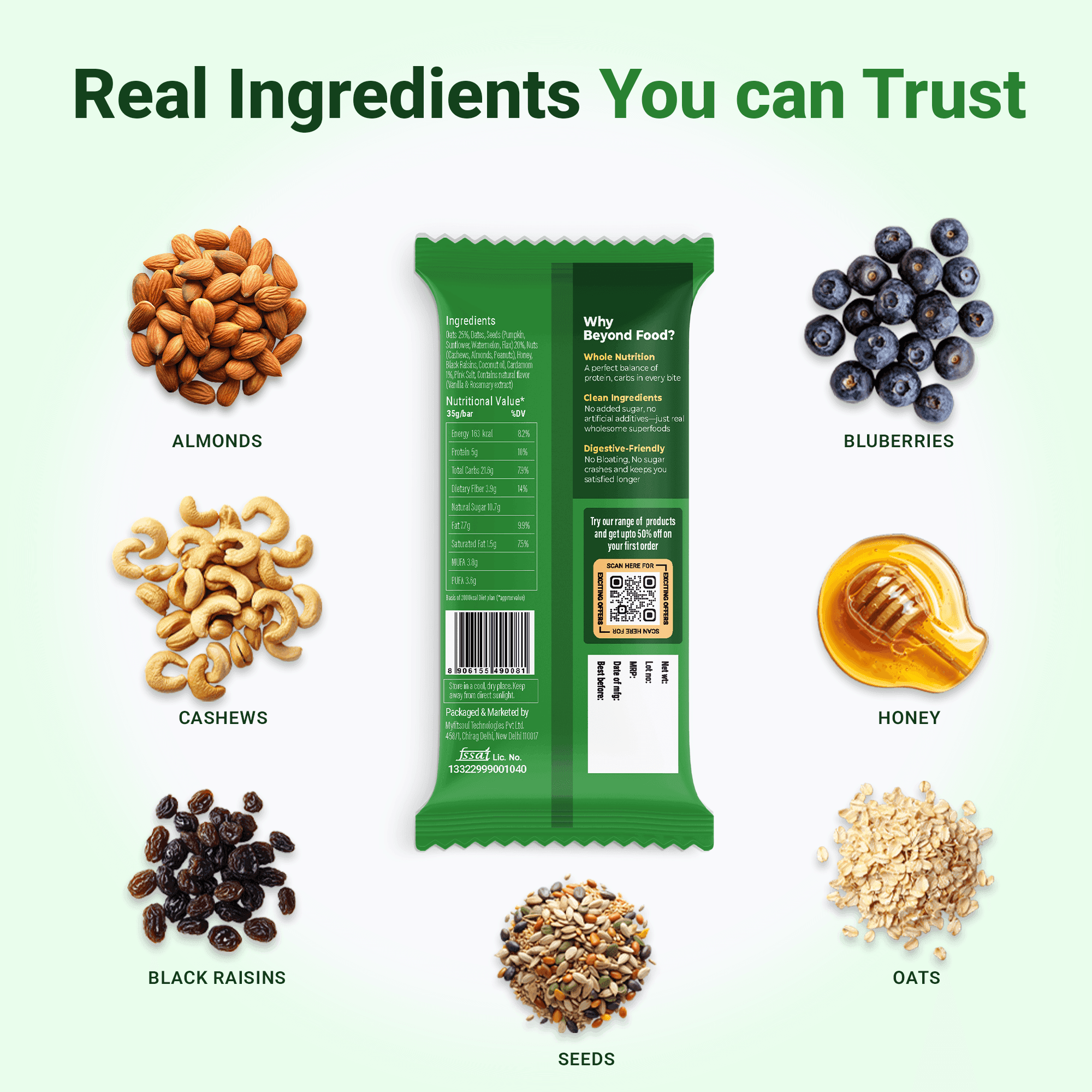 Back view of Beyond Food Energy Bar showing real ingredients – almonds, cashews, black raisins, seeds, blueberries, honey, and oats.