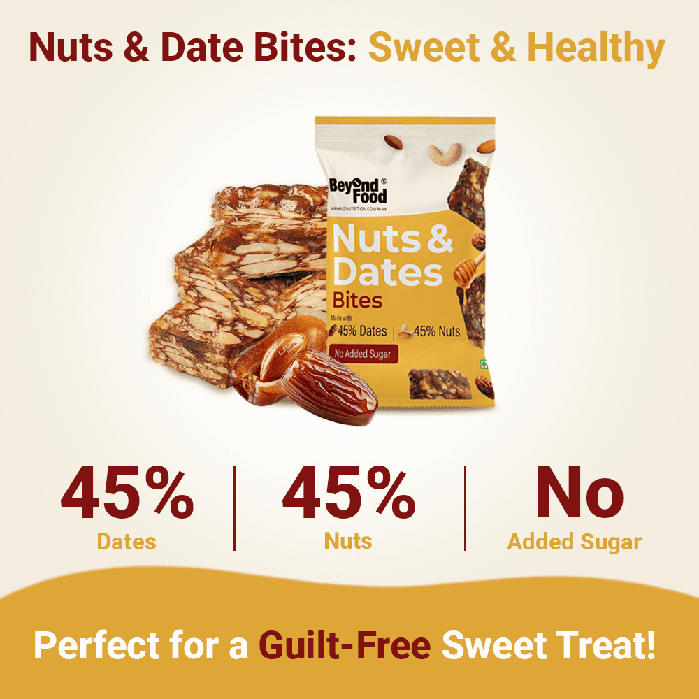 “Beyond Food Nuts & Dates Bites packet with dates and nuts in front. Text highlights ‘45% Dates’, ‘45% Nuts’, and ‘No Added Sugar’. Caption reads ‘Perfect for a Guilt-Free Sweet Treat’.”