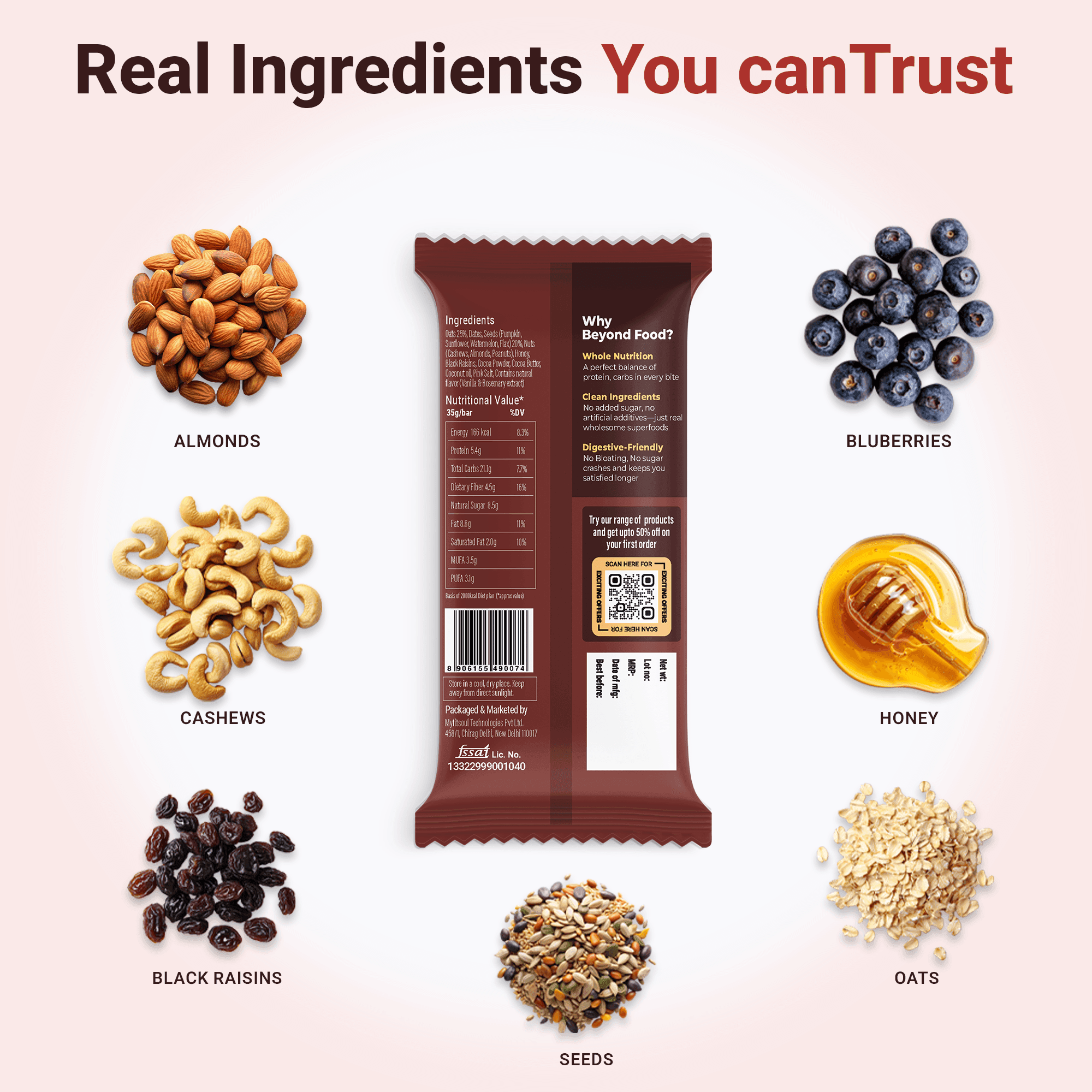 “Real Ingredients You Can Trust - Beyond Food Classic Cocoa Energy Bar with almonds, cashews, black raisins, blueberries, honey, seeds, and oats.”
