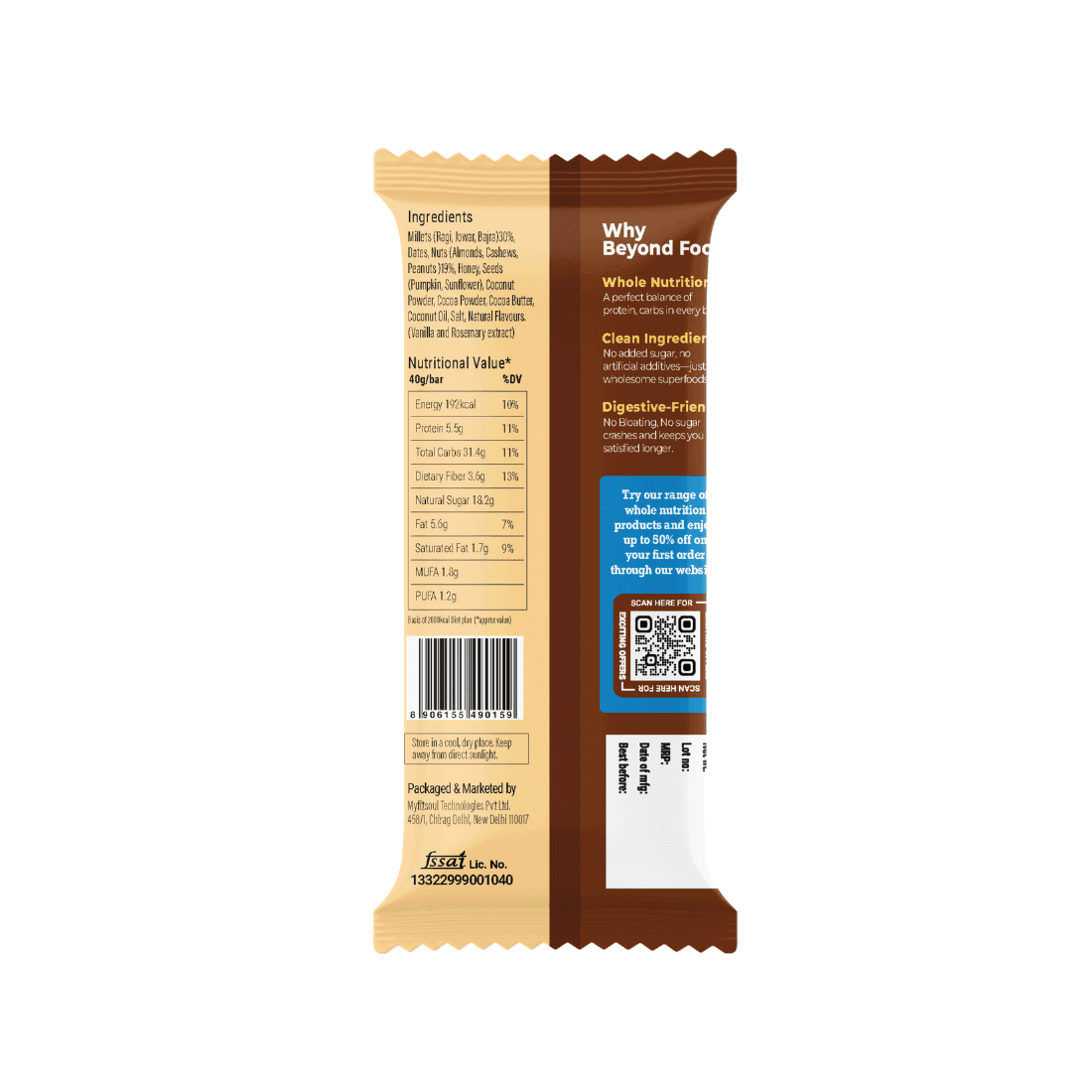“Beyond Food Millet Bar back of pack – ingredients list, nutrition facts, barcode, and QR code for more product information.”