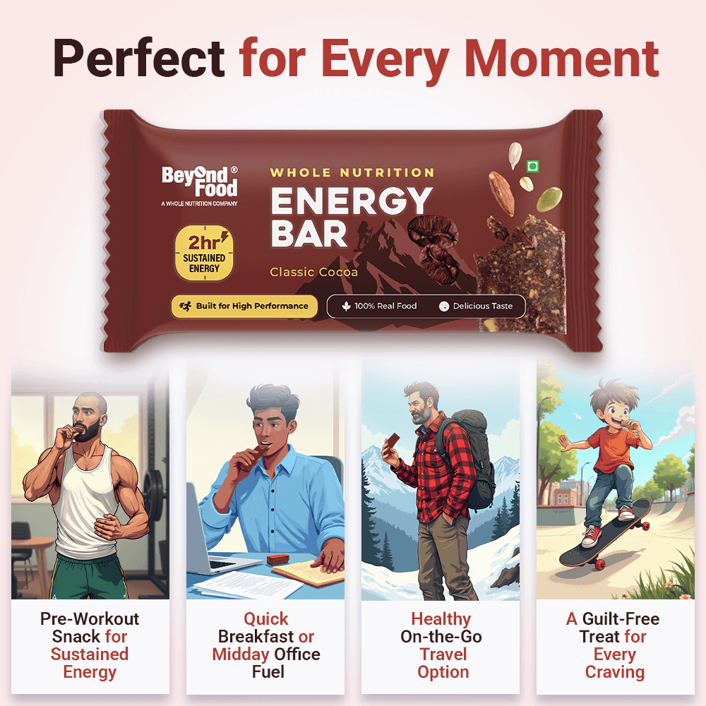“Perfect for Every Moment - Beyond Food Classic Cocoa Energy Bar for pre-workout energy, quick breakfast or office fuel, healthy travel snack, or guilt-free treat.”
