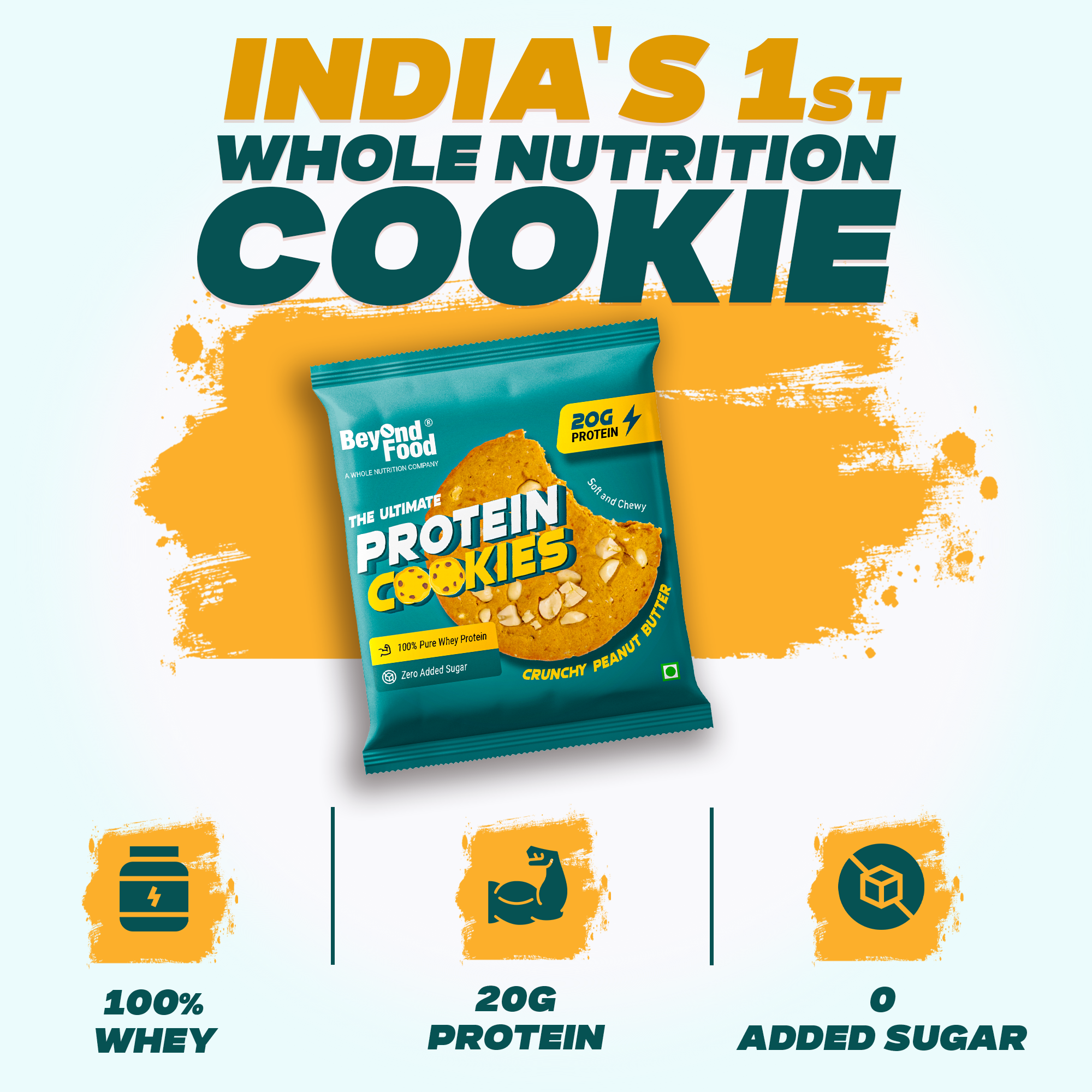 Protein cookie package with nutritional highlights on a blue and orange background