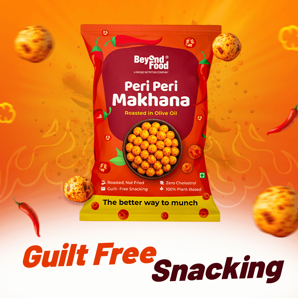 Pack of Beyond Food Peri Peri Makhana with floating snacks and chillies around it, placed over a vibrant orange background with the text “Guilt Free Snacking” highlighted below.