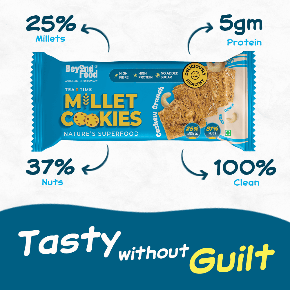 Beyond Food Millet Cookie pack with highlights: “25% Millets”, “5g Protein”, “37% Nuts”, and “100% Clean” – tagline “Tasty without Guilt”