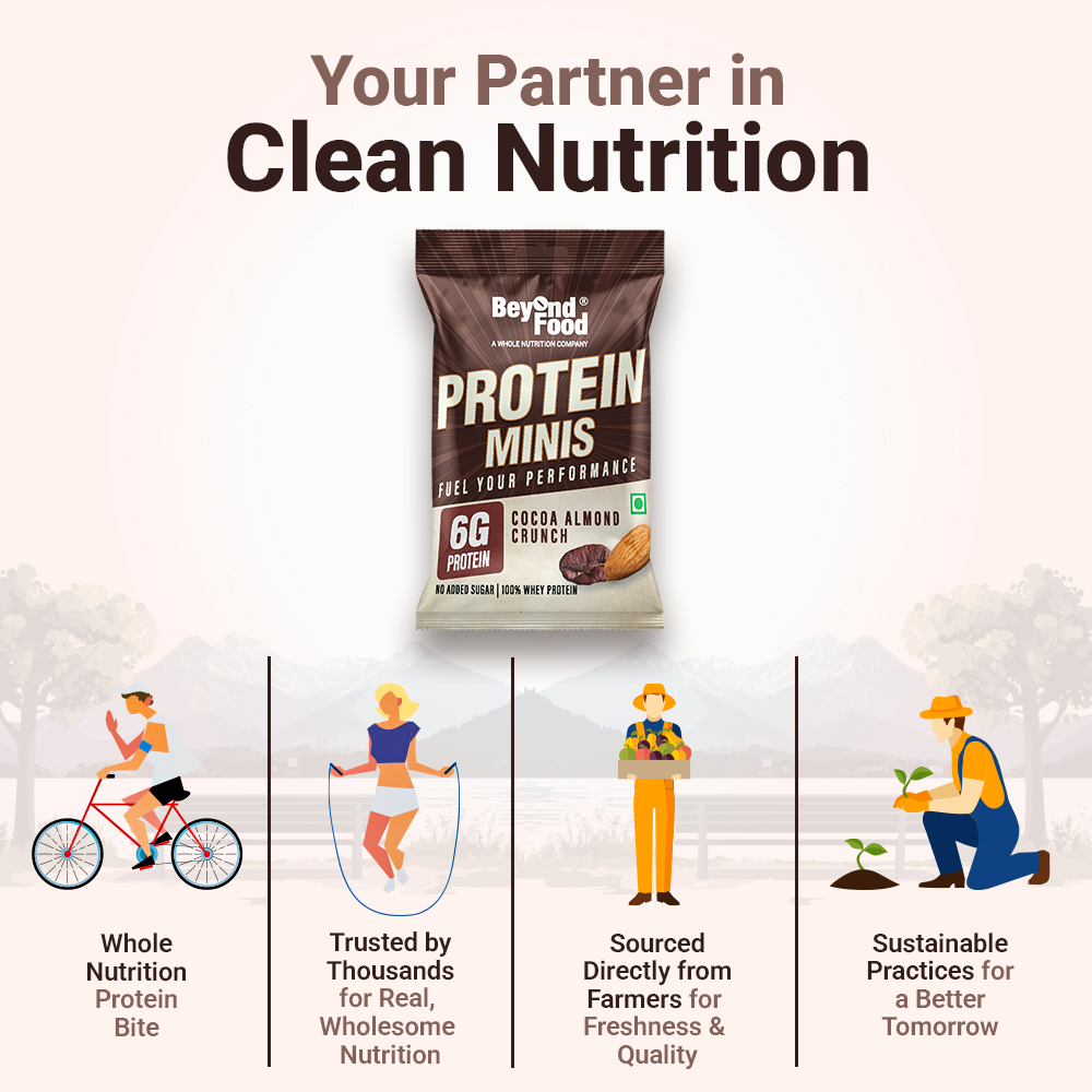 Beyond Food Protein Minis Cocoa Almond Crunch – wholesome protein bite with sustainable sourcing.