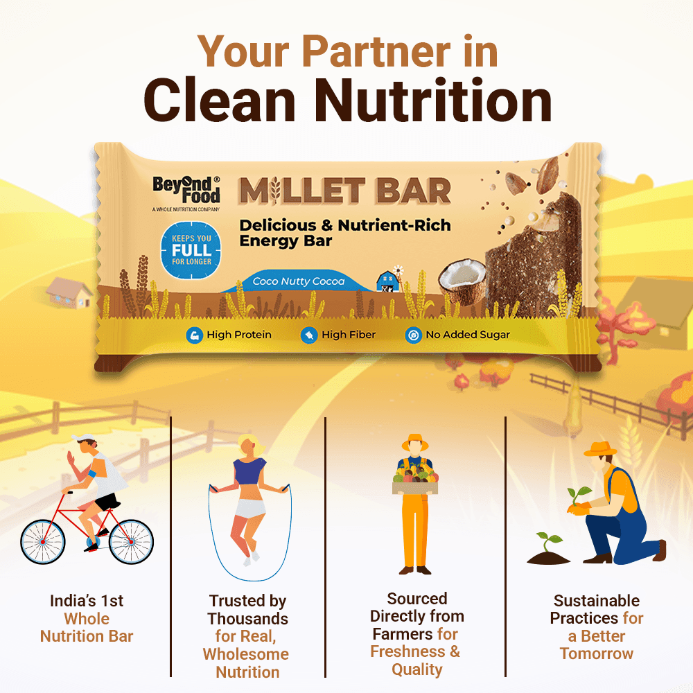 “Beyond Food Millet Bar – clean nutrition snack, sourced directly from farmers, sustainable practices, and made with wholesome ingredients.”
