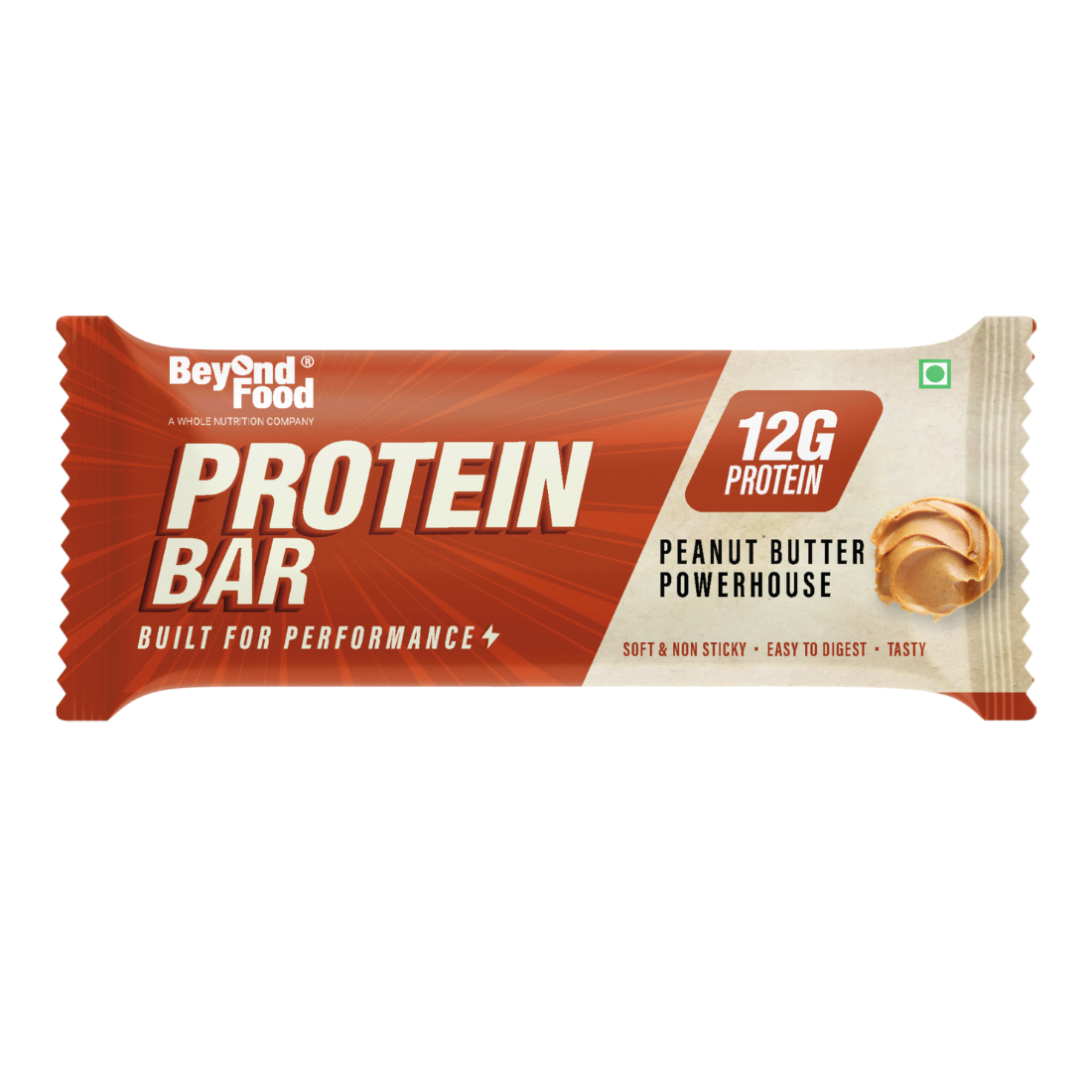 Packaging of Beyond Food Protein Bar with Peanut Butter flavor, highlighting 12g of protein and its soft non-sticky texture.