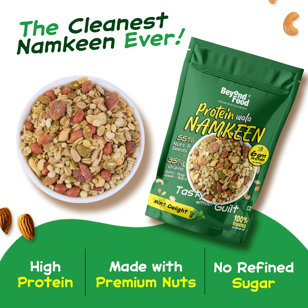 Bowl of Beyond Food Protein Wala Namkeen with text “The Cleanest Namkeen Ever!” highlighting high protein, premium nuts, and no refined sugar.