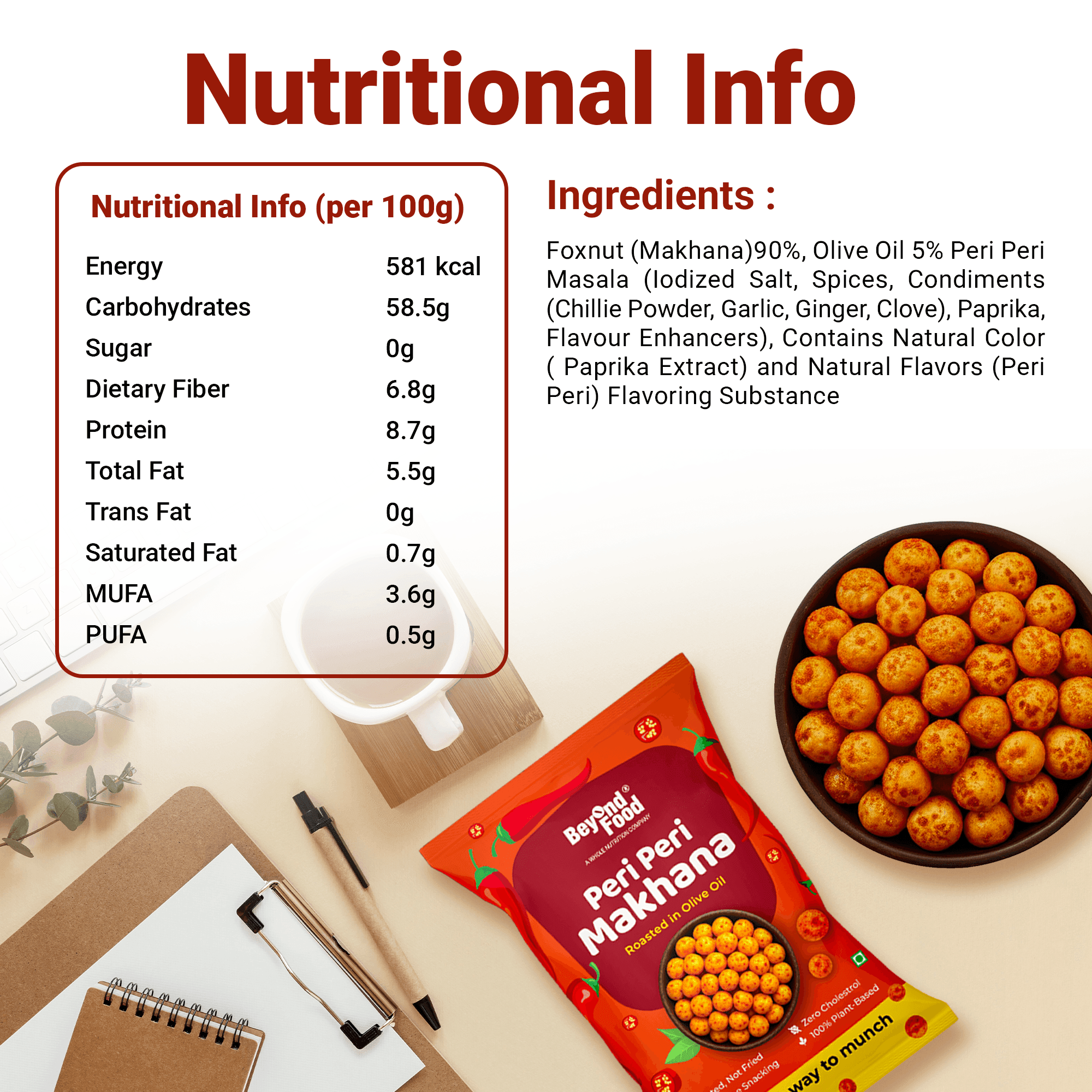 Nutritional information and ingredients list of Beyond Food’s Peri Peri Makhana displayed on a minimal white background, with a flat-lay shot including a notebook, pen, pack of Peri Peri Makhana, and a bowl filled with the snack.