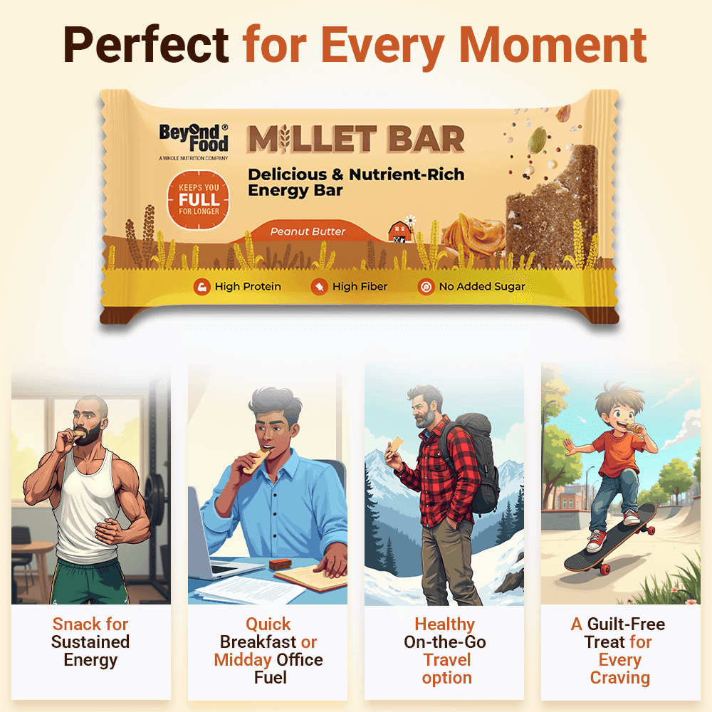 “Beyond Food Millet Bar – healthy energy bar for breakfast, travel, workouts, or guilt-free snacking.”
