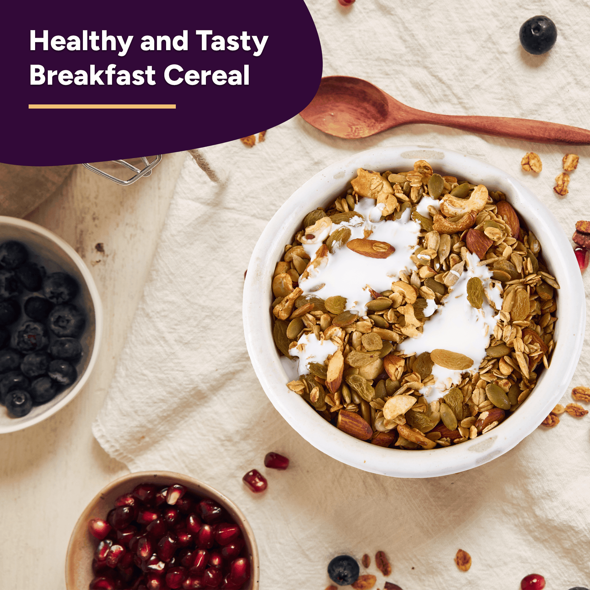 “Bowl of granola cereal with yogurt, blueberries, and pomegranate seeds – healthy breakfast option.”