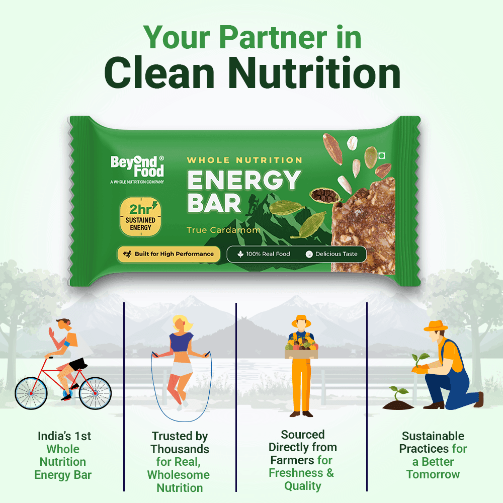 Beyond Food Energy Bar – India’s first whole nutrition bar, trusted for wholesome nutrition, sourced from farmers, with sustainable practices.