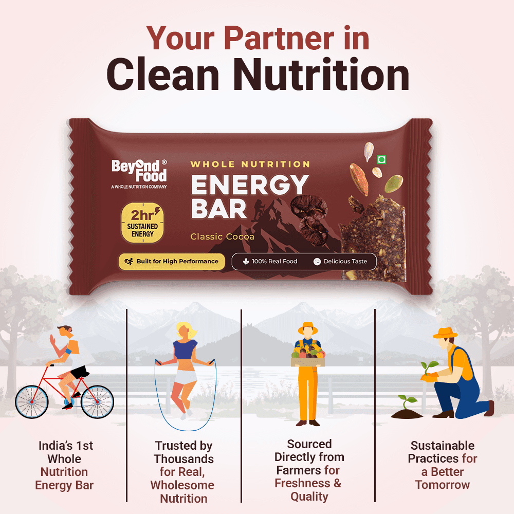 “Your Partner in Clean Nutrition - Beyond Food Classic Cocoa Energy Bar, India’s 1st whole nutrition energy bar, trusted for wholesome nutrition, sourced from farmers, made with sustainable practices.”