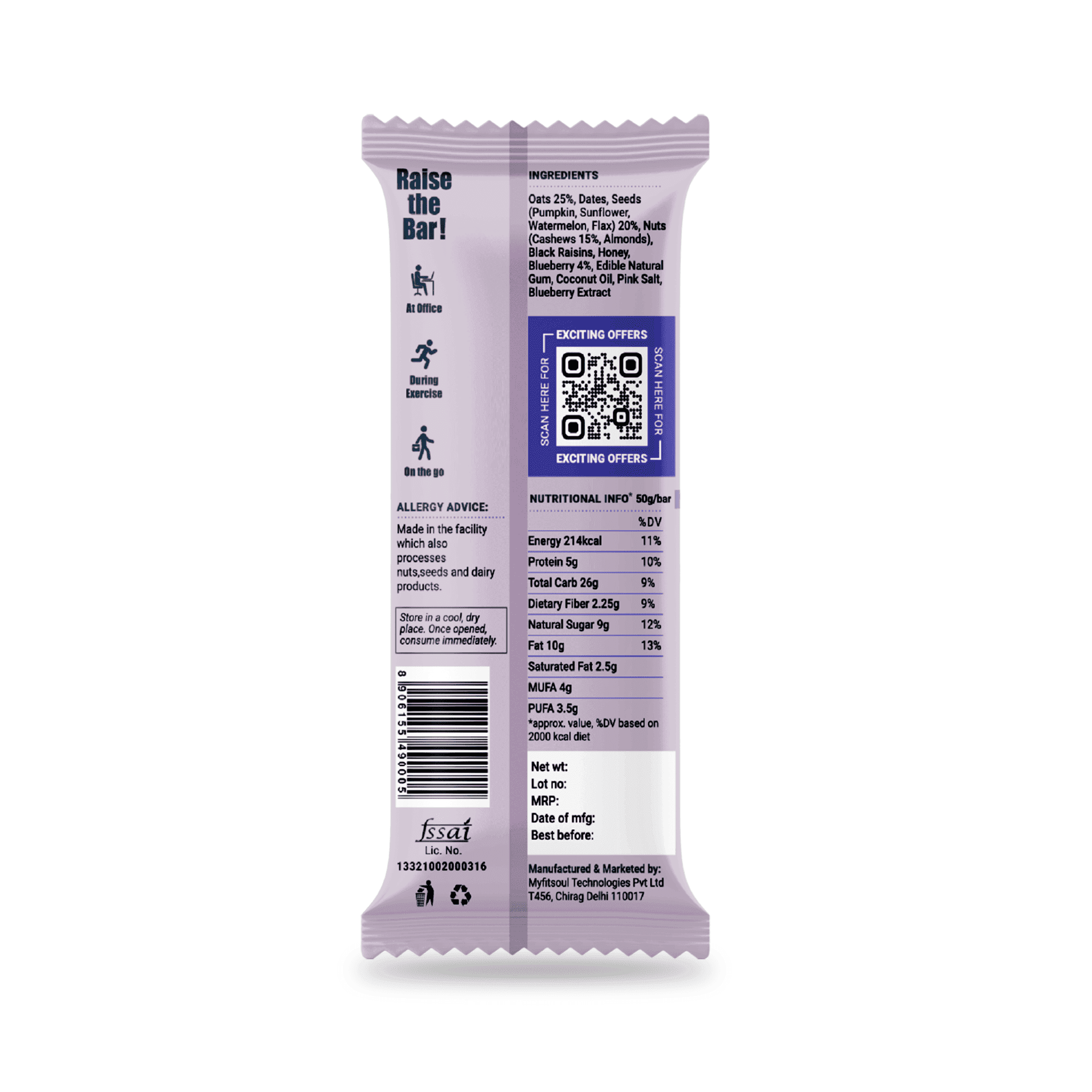 “Back side of Fresh Blueberry Energy Bar packaging with nutrition details and QR code for offers.”
