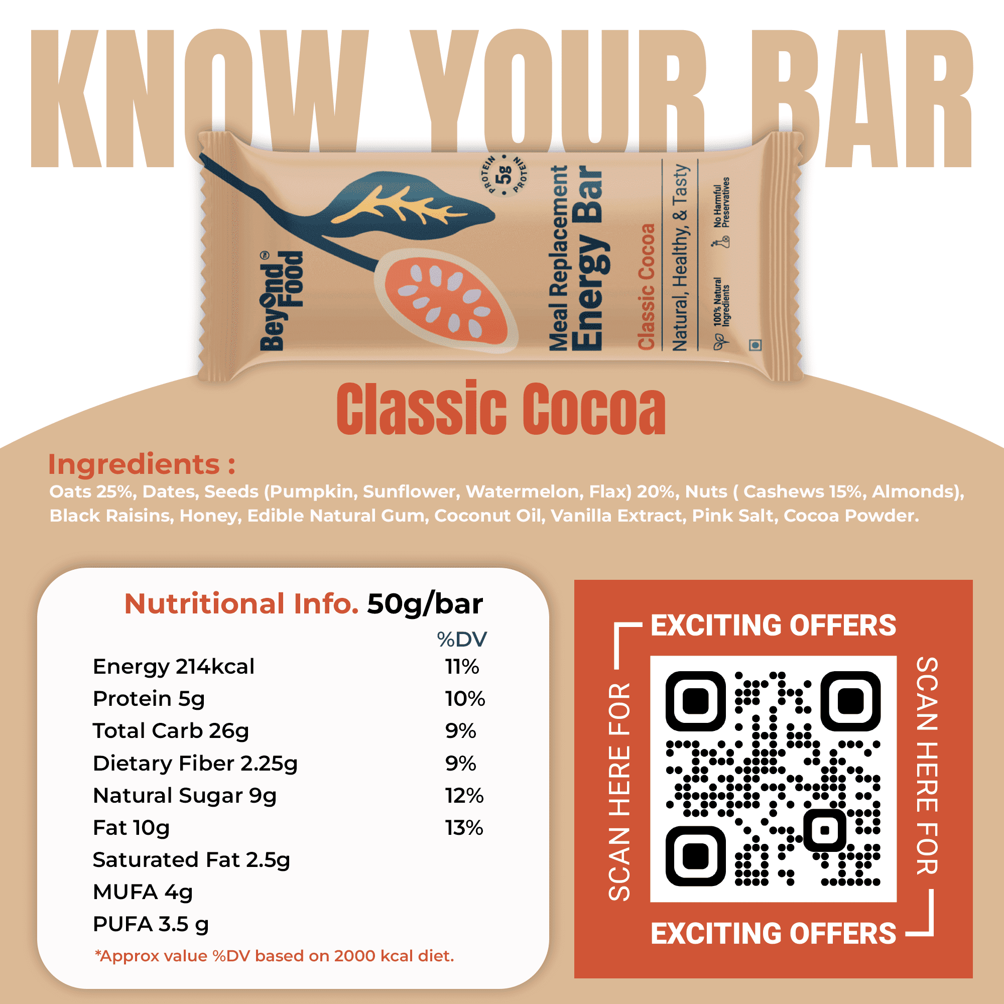 "Know Your Bar: Classic Cocoa variant of Beyond Food Energy Bar with nutrition facts, ingredient list, and QR code for offers."