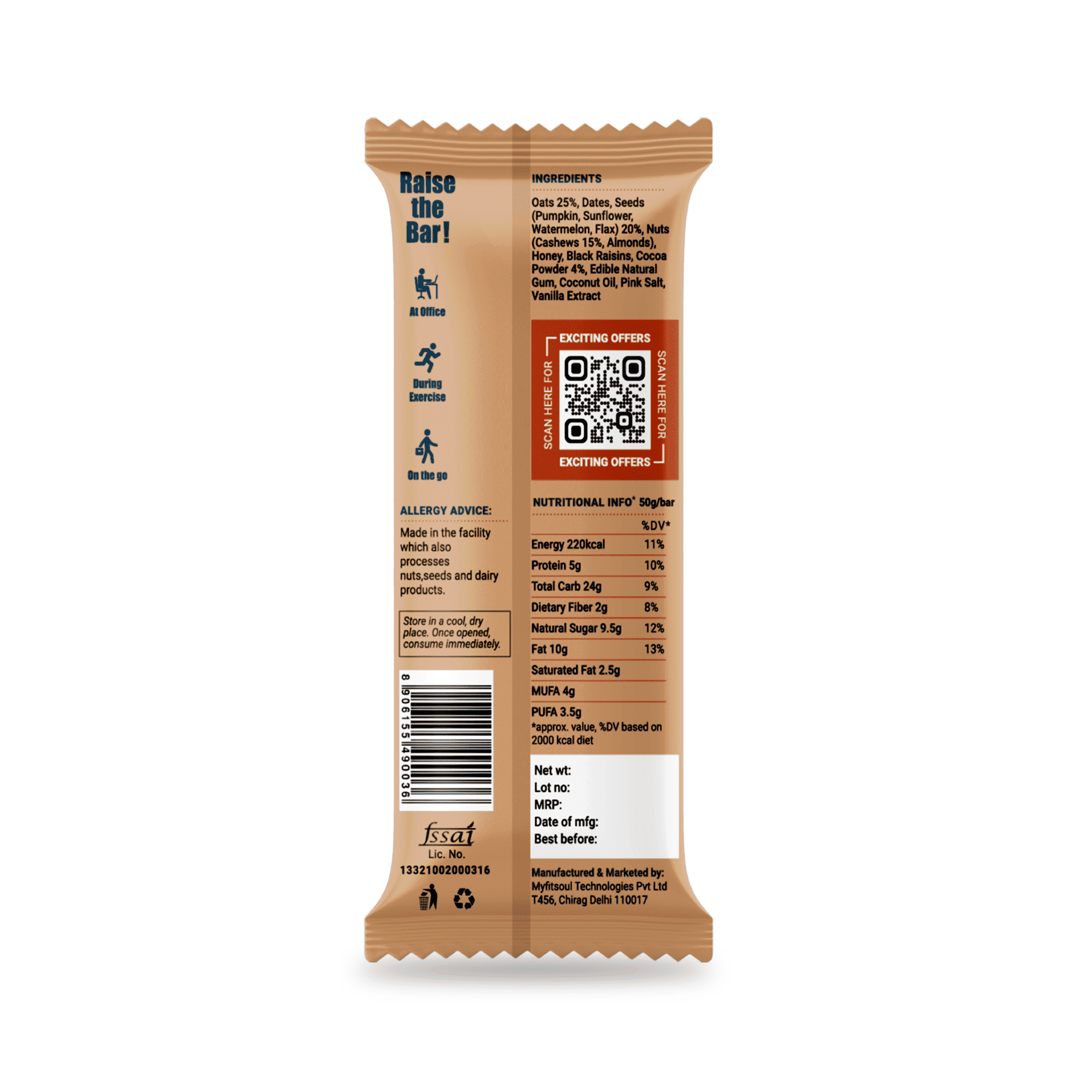 "Back of Beyond Food Energy Bar Classic Cocoa showing manufacturing details, barcode, and QR code."