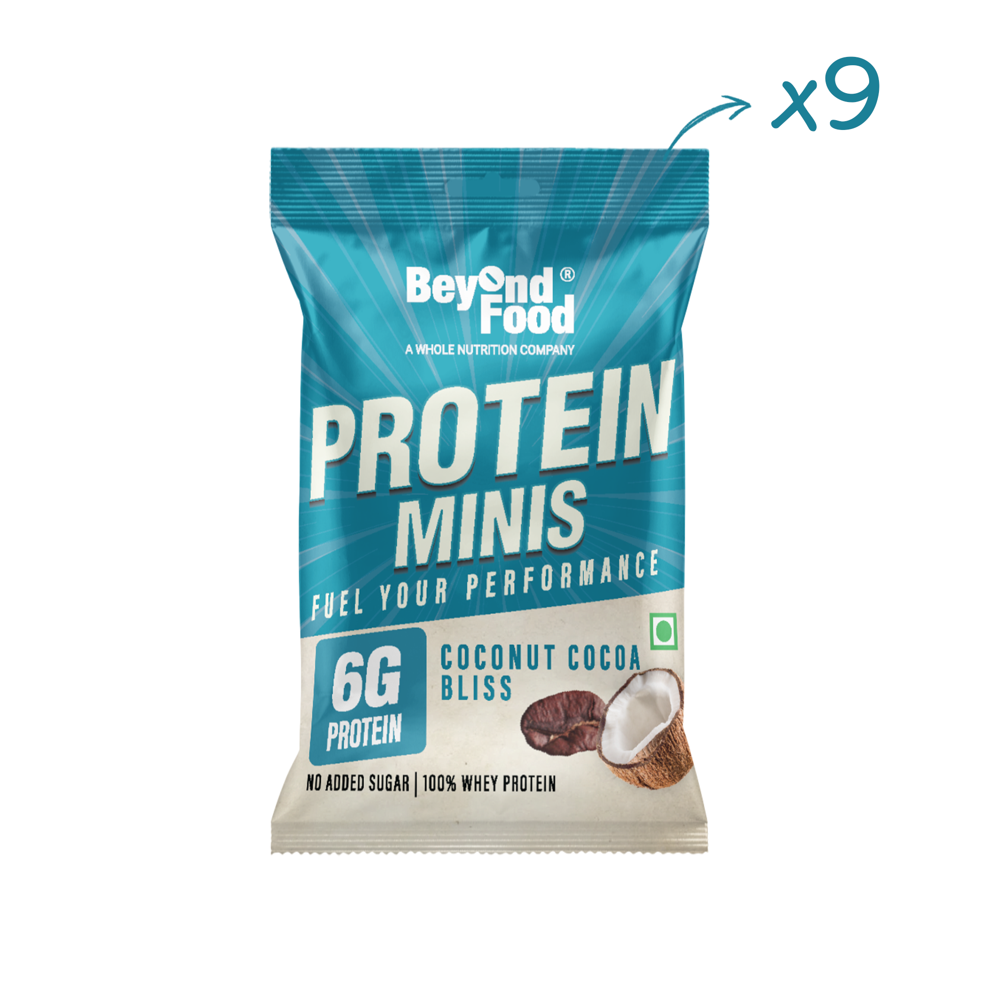Packaging of Beyond Food Protein Minis with the flavor Coconut Cocoa Bliss highlighted, featuring an image of a coconut and the product's benefits listed.