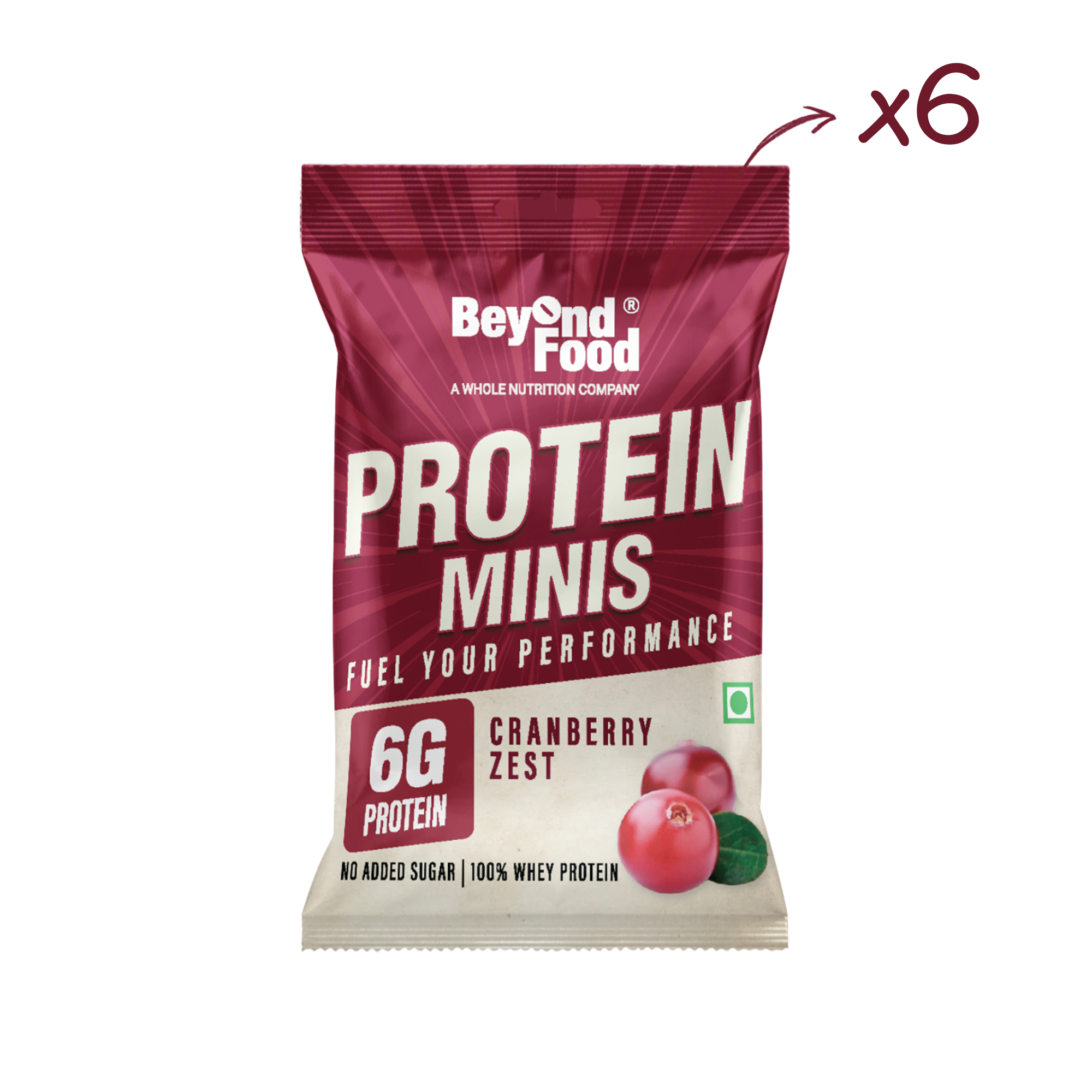 “Beyond Food Protein Minis cranberry zest pouch with label ‘x6’ indicating a six-pack.”