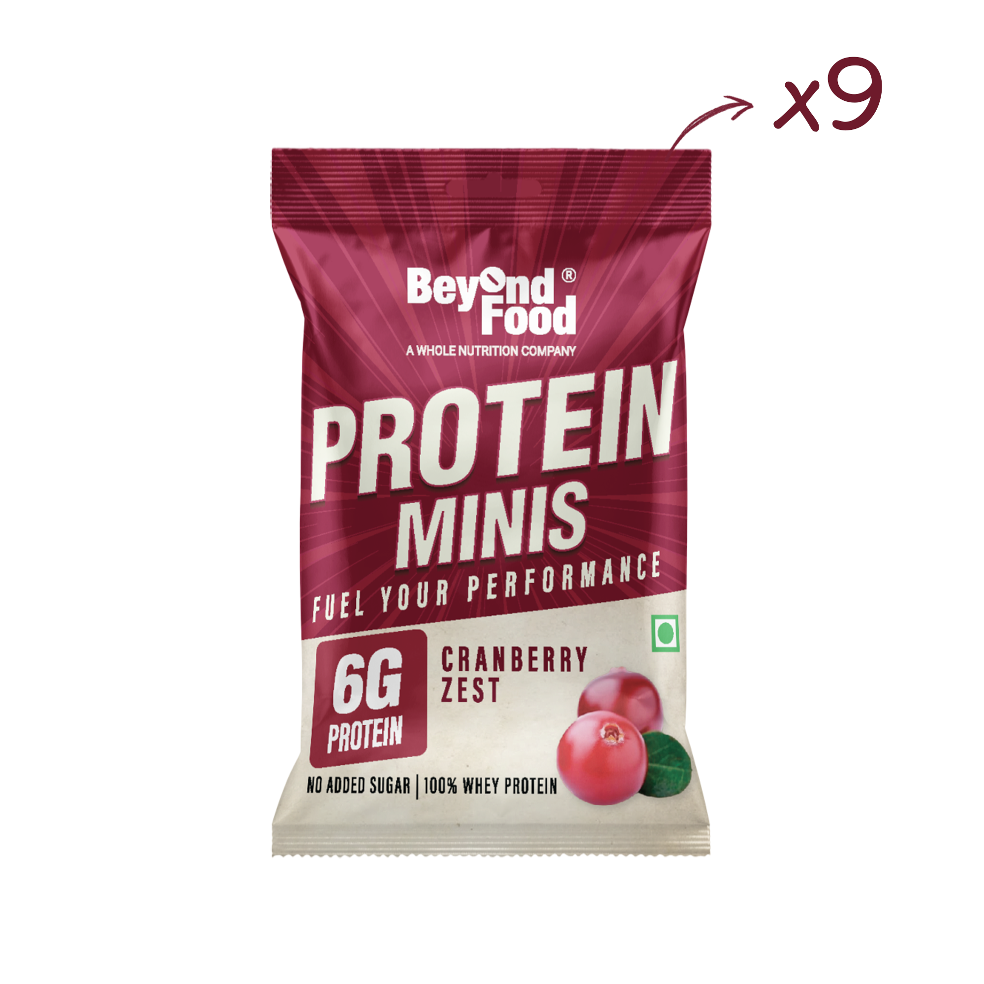 “Beyond Food Protein Minis cranberry zest pouch with label ‘x9’ indicating a nine-pack.”