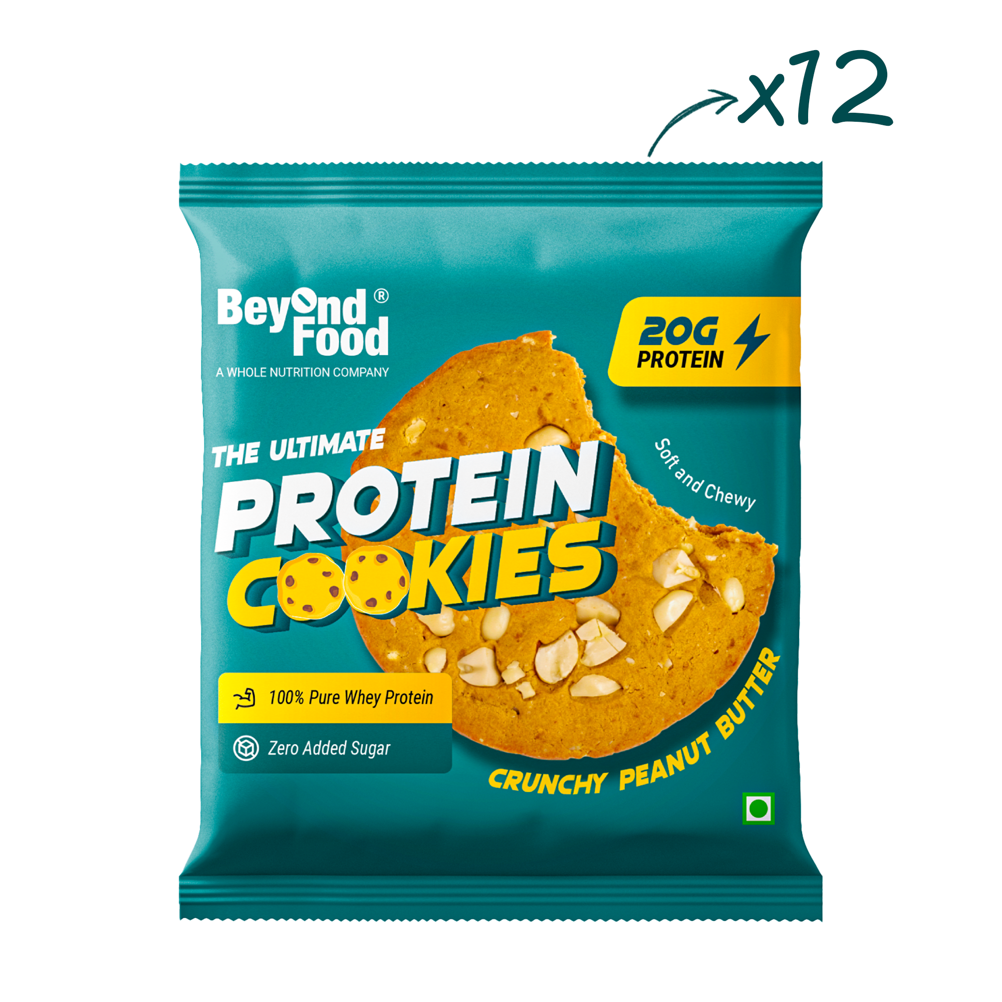 Packaging of Protein Cookies by Beyond Food, featuring a single cookie with crunchy peanut butter texture, and product details like 20g protein per serving, 100% whey protein, and no added sugar.