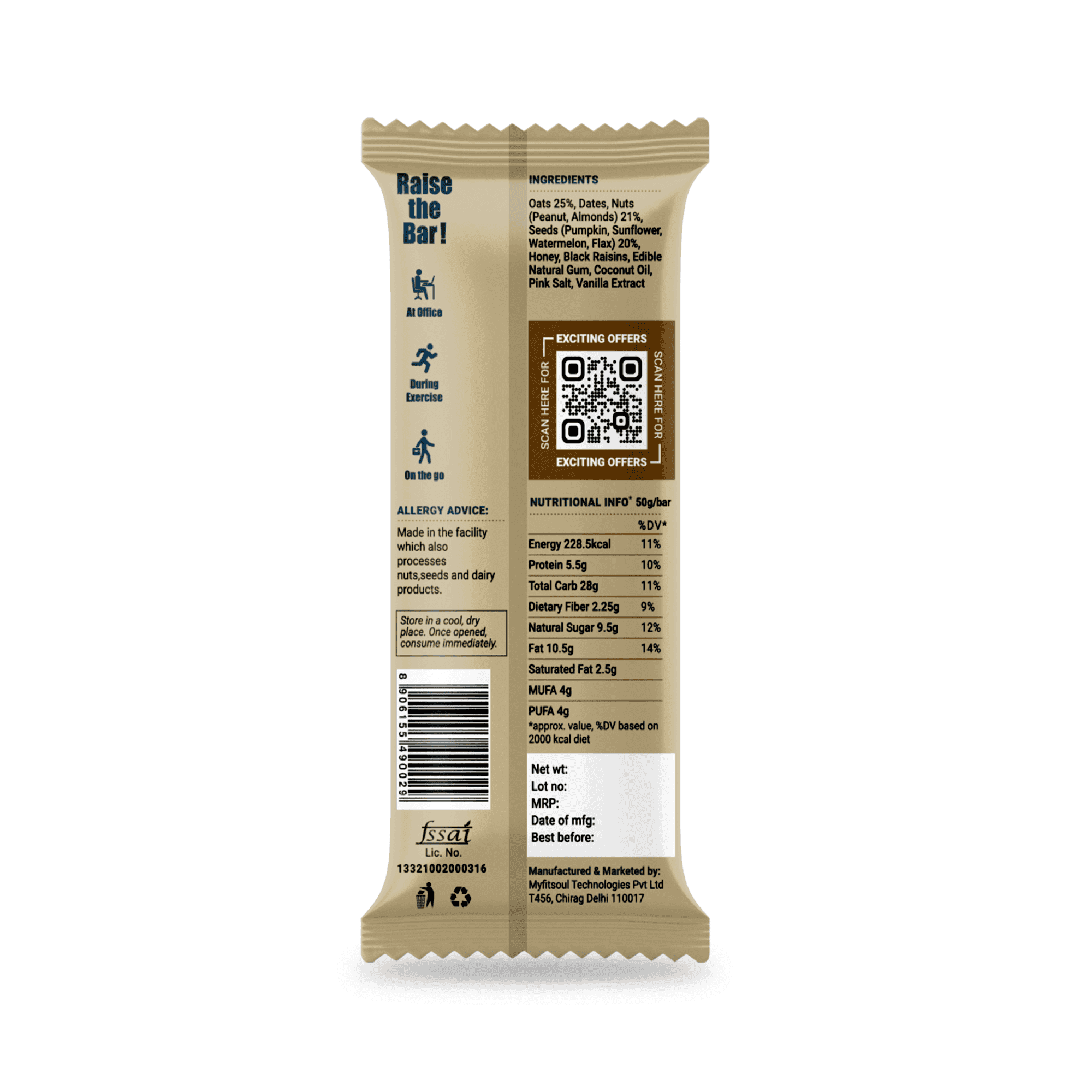 Backside of the Beyond Food Peanut Butter Energy Bar packaging with nutritional label, barcode, and QR code on a plain cream background.