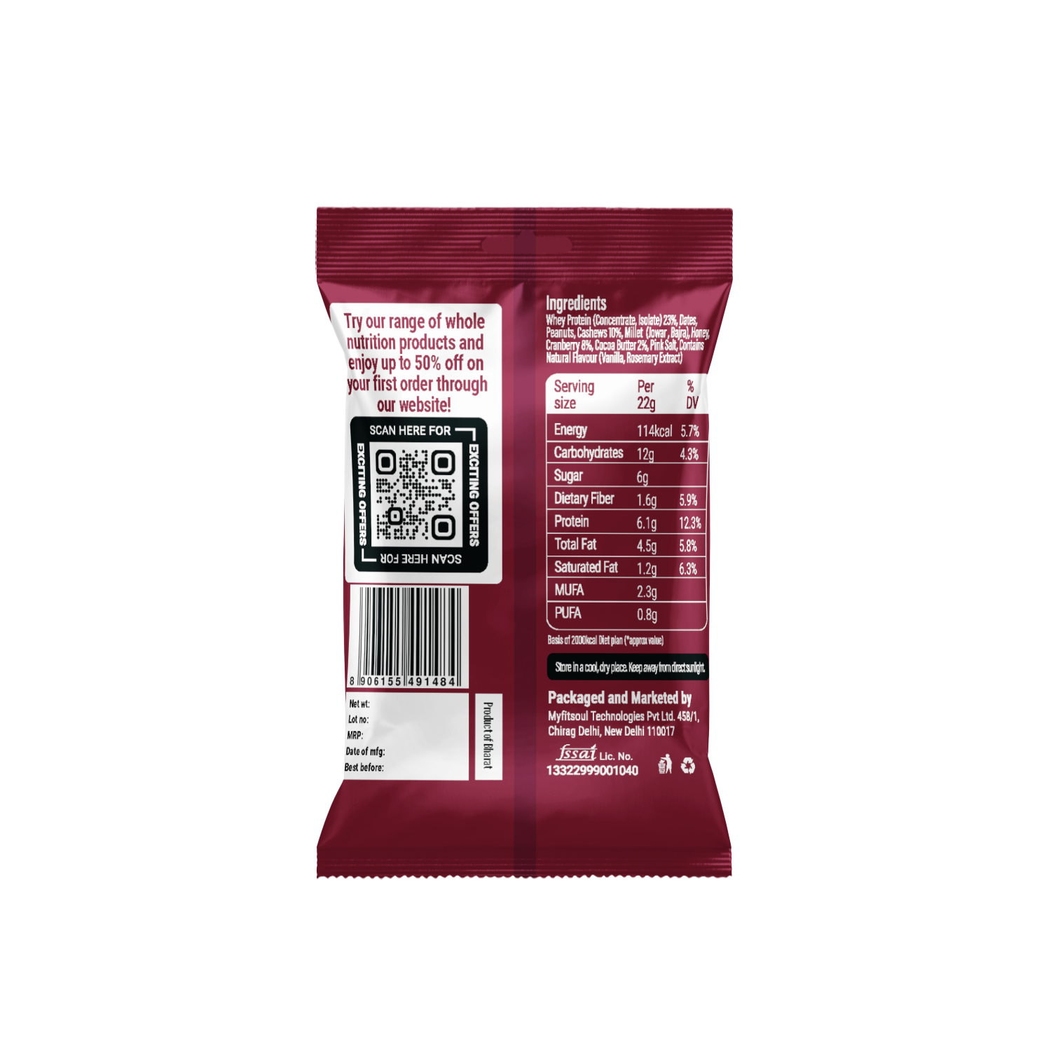 “Back of Beyond Food Protein Minis pouch showing nutritional facts, QR code, barcode, and ingredients list.”