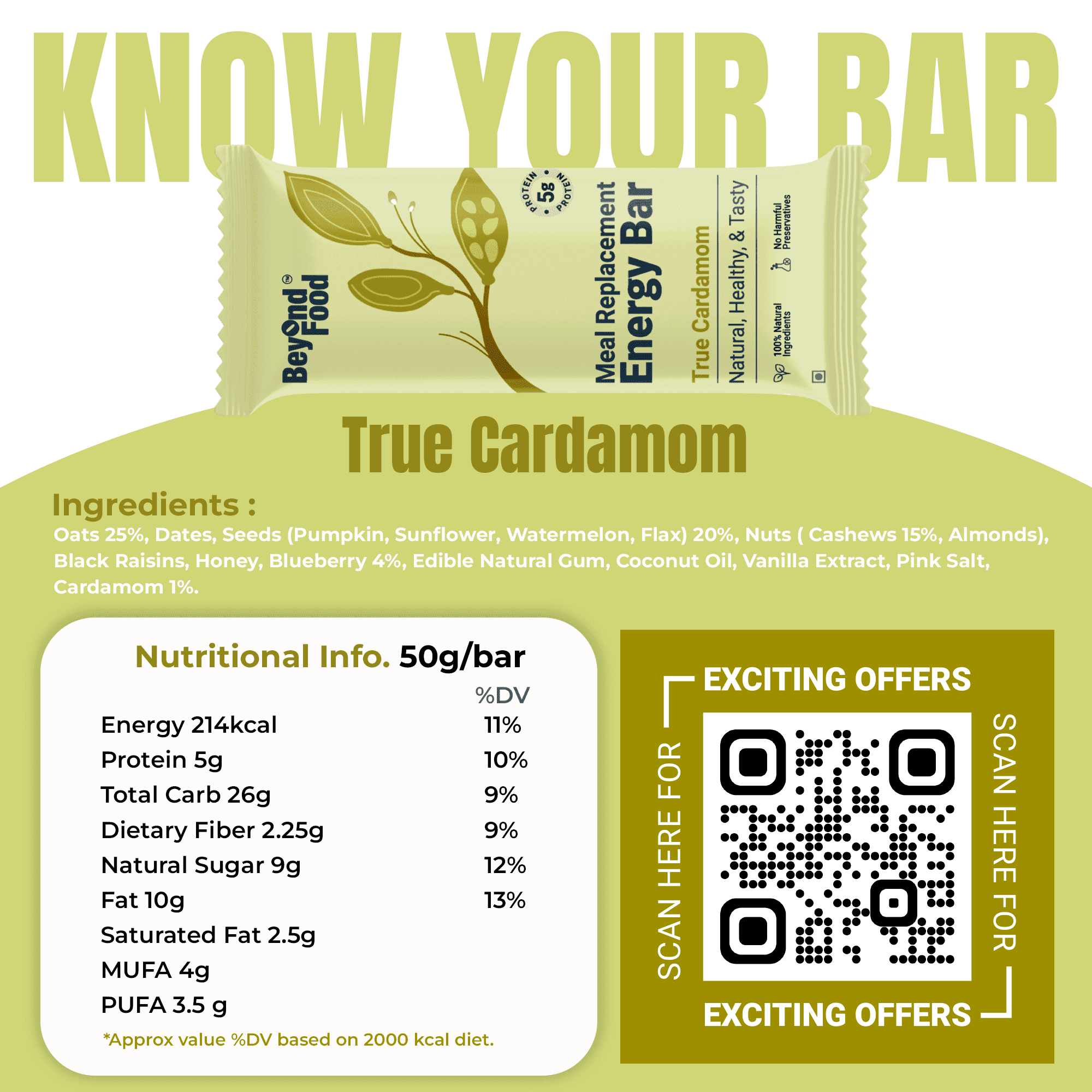 “Know Your Bar” poster for True Cardamom with full ingredients list, nutritional facts, and QR code for exciting offers.