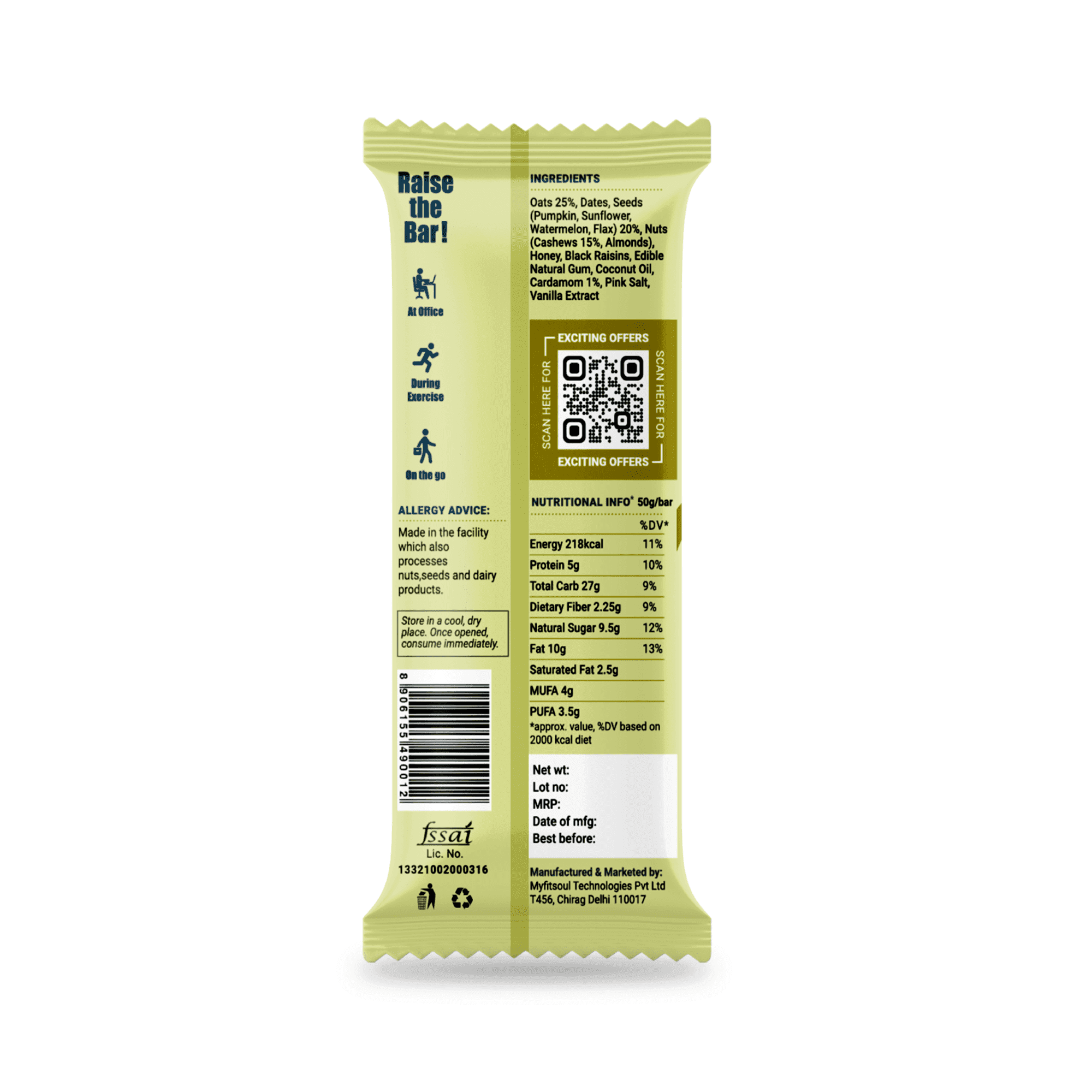 Back view of True Cardamom Energy Bar packet with nutritional information, barcode, manufacturing details, and QR code.
