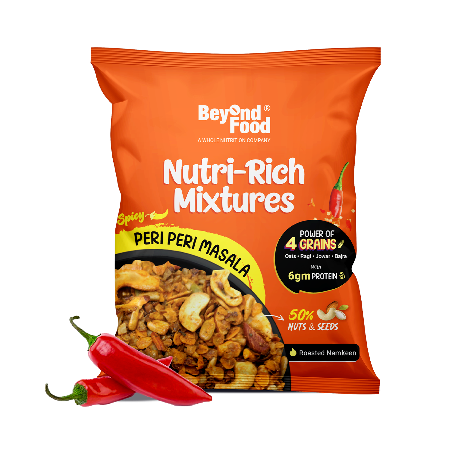 Packaging of Nutri Rich Mixtures Peri Peri Masala by Beyond Food, showing the product in an orange bag with an image of the snack and chili peppers in the front.