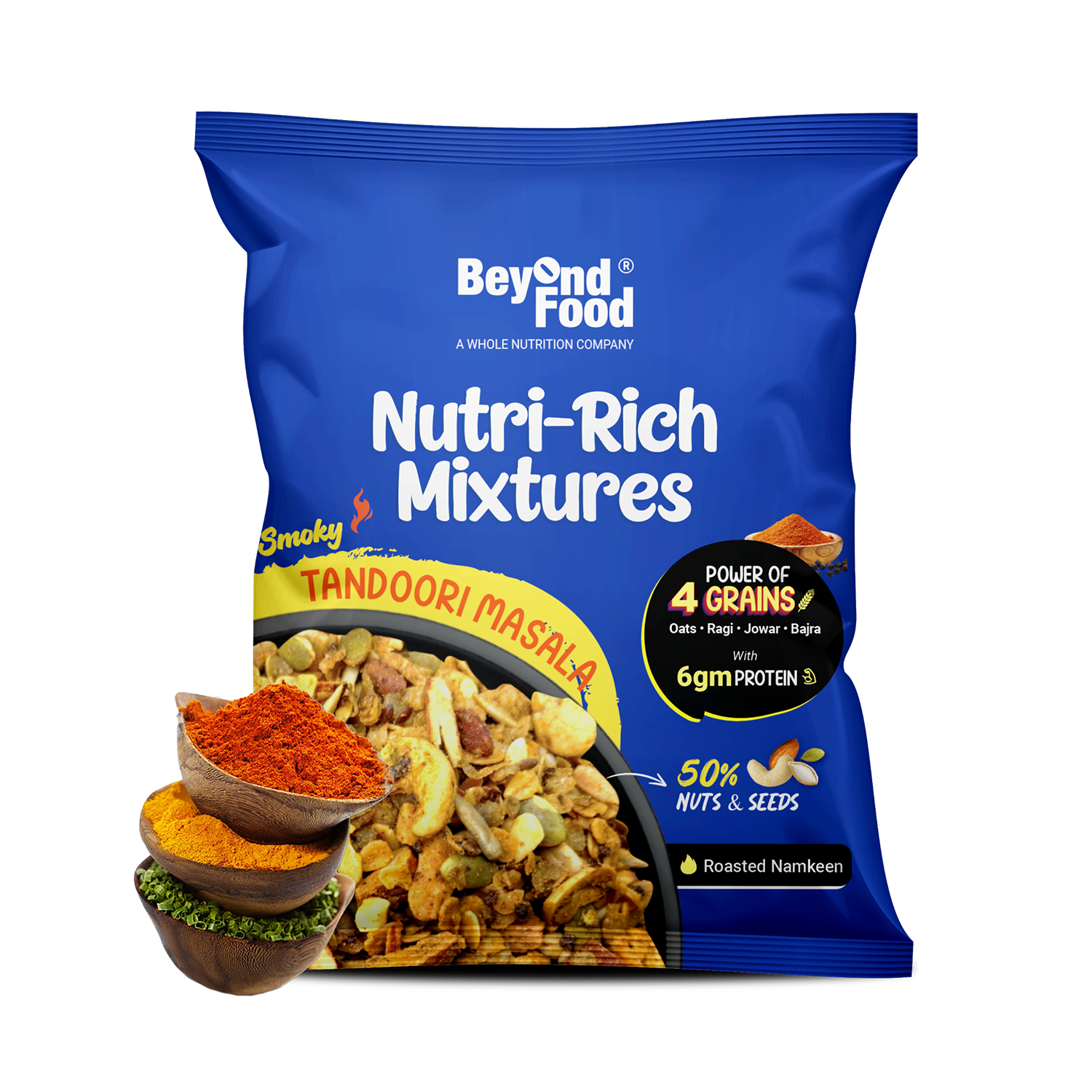 “Beyond Food Nutri-Rich Mixtures Smoky Tandoori Masala pack with spices shown alongside, a high-protein roasted namkeen made with oats, millets, nuts, and seeds.”