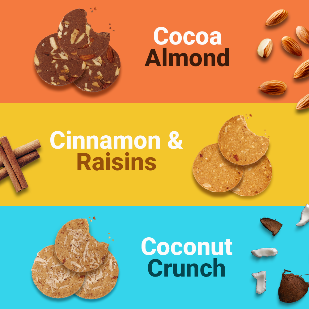 Beyond Food cookie flavors – cocoa almond, cinnamon and raisins, coconut crunch