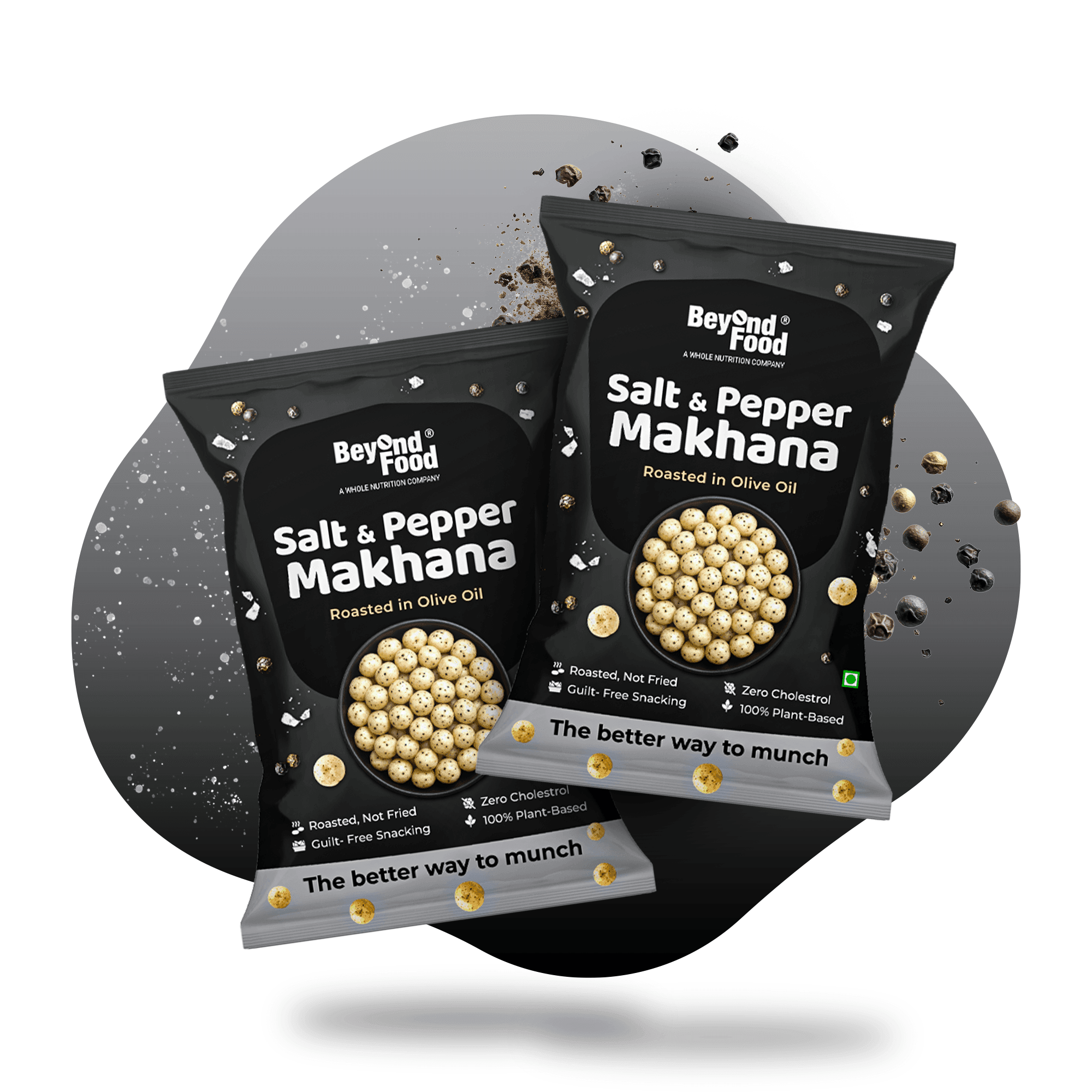 Three packs of Beyond Food Salt & Pepper Makhana placed on a grey-purple abstract background with scattered black pepper elements